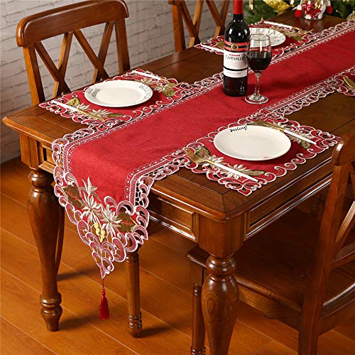 Chemin de table brodé rouge anti-plis décoration table Noël chic
