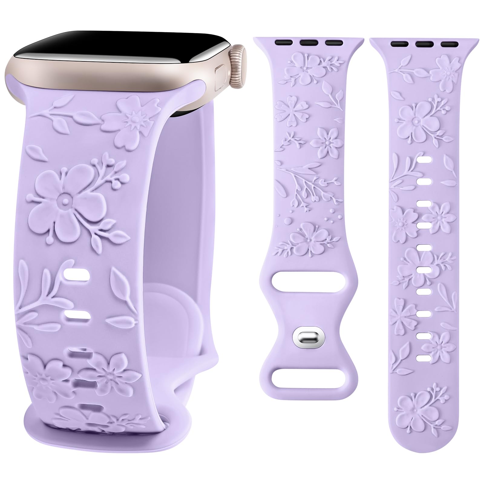 Compatible with Apple Watch Band 38/40/41/42/44/45/46/49mm - Floral Engraved Cherry Blossoms Soft Silicone Strap for Women for iWatch SE 3/2/1 Ultra 3/2/1 Series 11/10/9/8/7/6/5/4/3/2/1