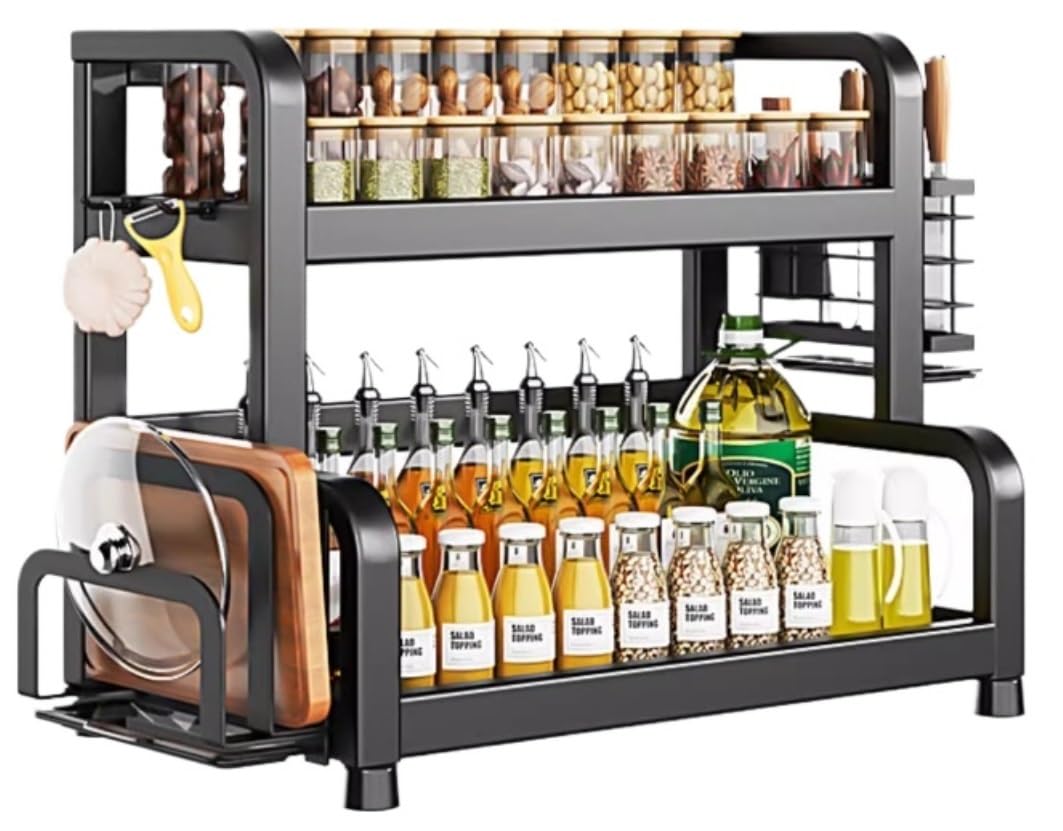 YNIYUJKL Spice Rack Spice Organizer Spice Shelf Stainless Steel Seasoning Organizer Spice Bottle Rack Countertop Desktop Organizer Standing Holder Kitchen Seasoning Organizer Spic,Black-2-Tier