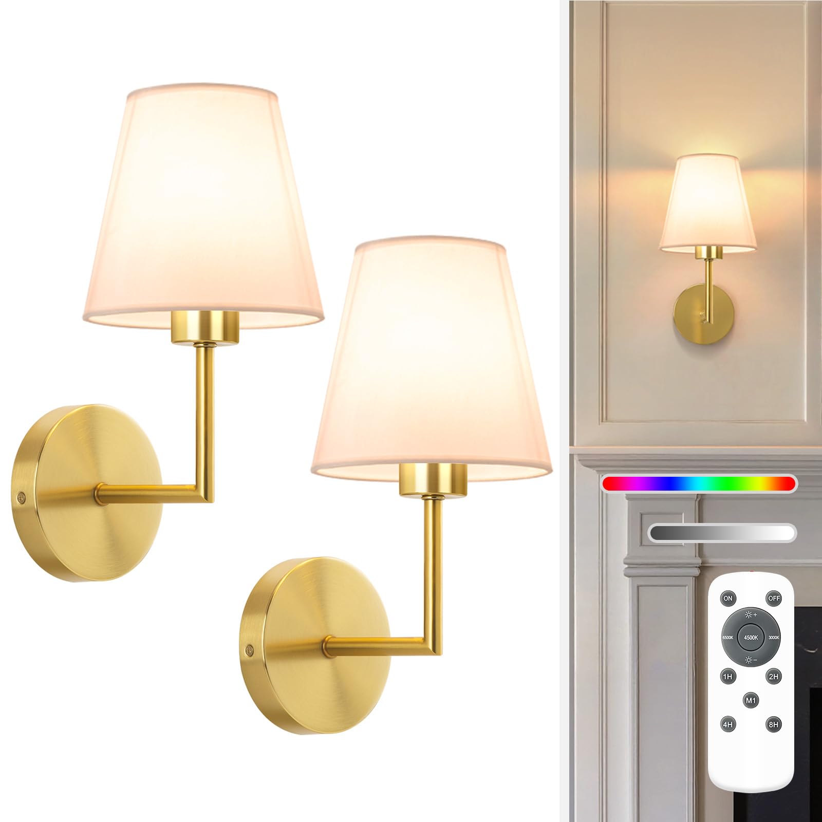 NIORSUN 13.8 inch Battery Operated Wall Sconce Set of 2,Gold Rechargeable Wall Lights with 10400mAh Dimmable Detachable Bulbs and Remote,9 Colors Wireless Sconces for Bedroom Living Room Hallway