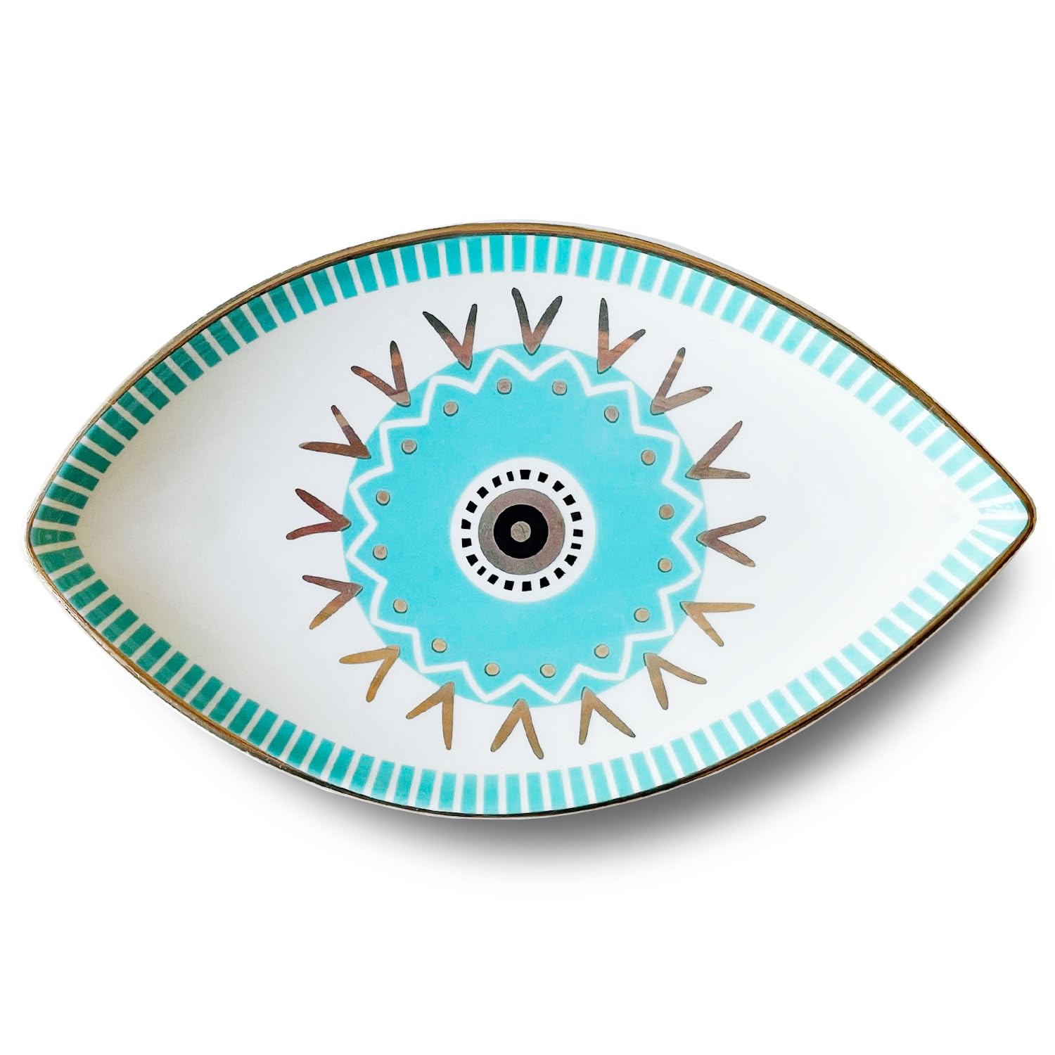 J.K.Leo Exquisite Small Ceramic Jewelry Tray - Trinket Dish Evil Eye Decor, Gold Plate Ring Holder, Modern Boho Home Essentials, Perfume Organizer, Preppy, Aesthetic Room Decor, 5.9" x 3.5" (Blue)