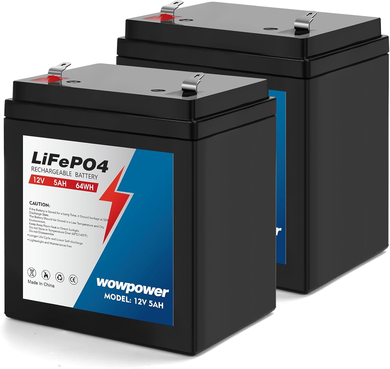 12V 5Ah Lithium LiFePO4 Deep Cycle Battery 2 Pack, 2000+ Cycles 12 Volt Rechargeable Battery for Alarm System, Chamberlain 41A6357-1/ LiftMaster 485LM 8550W/ Craftsman 4228 Garage Door Opener