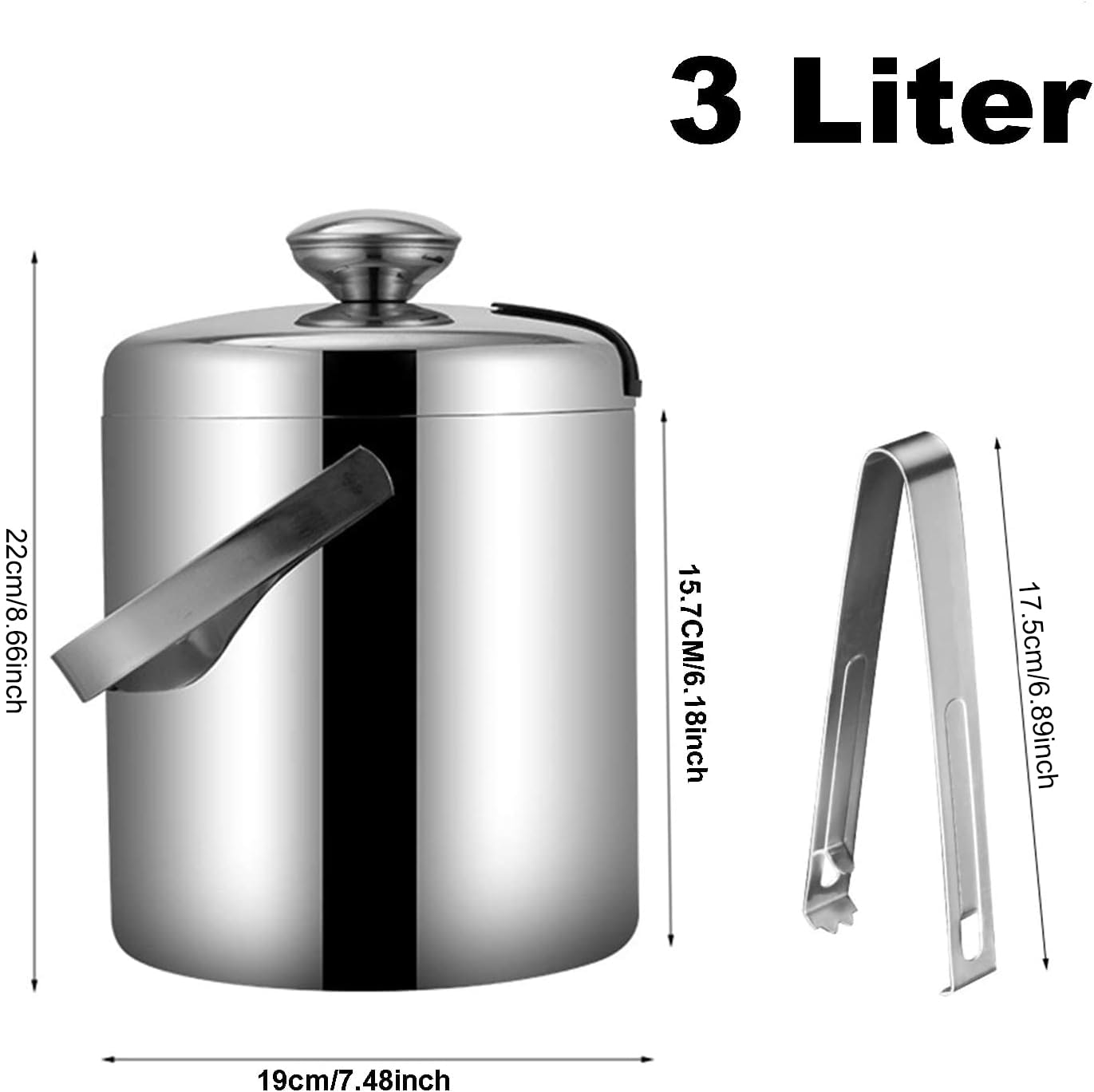 Emsmil 3L Double Wall Insulated Stainless Steel Ice Bucket Set including Lid Strainer Handle and Ice Tongs Wine Champagne Beer Cooler for Home Bar Pub Party BBQ Picnic - Image 4