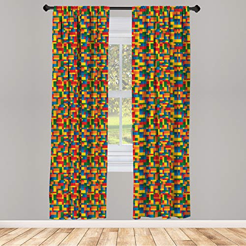 Ambesonne Building Blocks Window Curtains, Themed Digital Design Toy Dotted Matching Rectangles Print, Lightweight Decor 2-Panel Set With Rod Pocket, Pair Of - 28" X 63", Yellow Red #TOP13