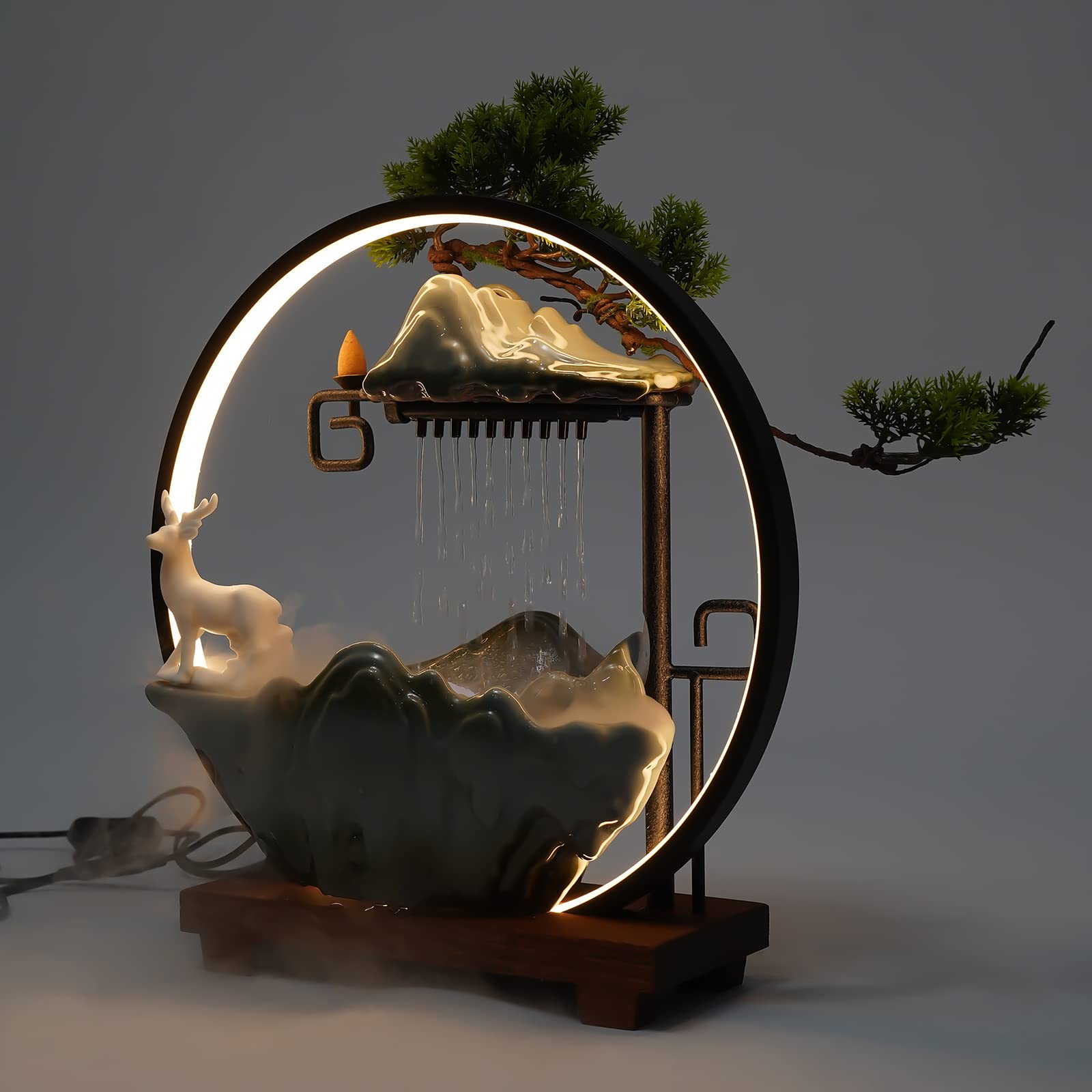 Tabletop Water Fountains? Indoor Waterfall with Mist? LED Indoor Water Fountains for Meditation with Backflow Incense with Fake Plants Feng Shui Decor for Good Luck Wealth