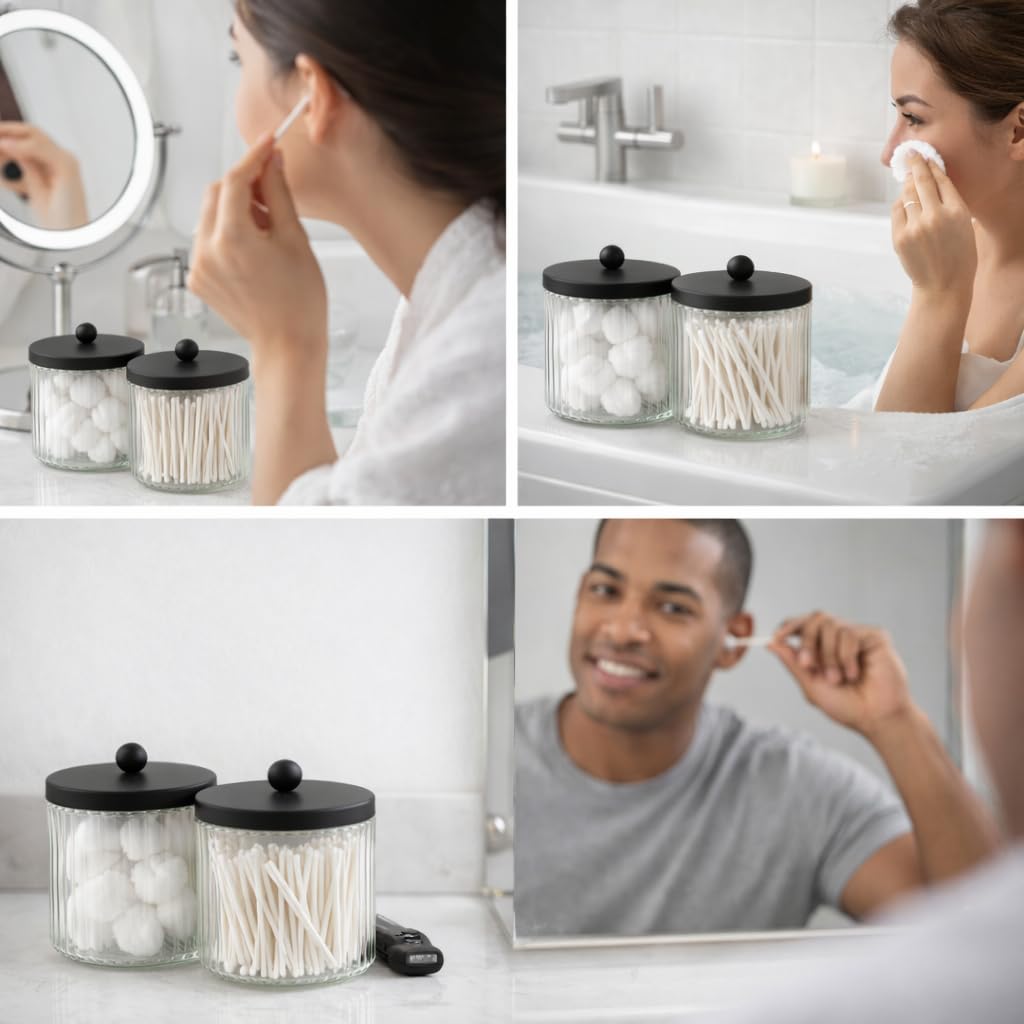KMwares Glasspender-Set, 2 Stück, Badezimmer-Behälter, Aufbewahrungs-Organizer für Wattebällchen, Tupfer, Zahnseide-Picker und Make-up-Schwämme mit mattschwarzem Metalldeckel, transparente