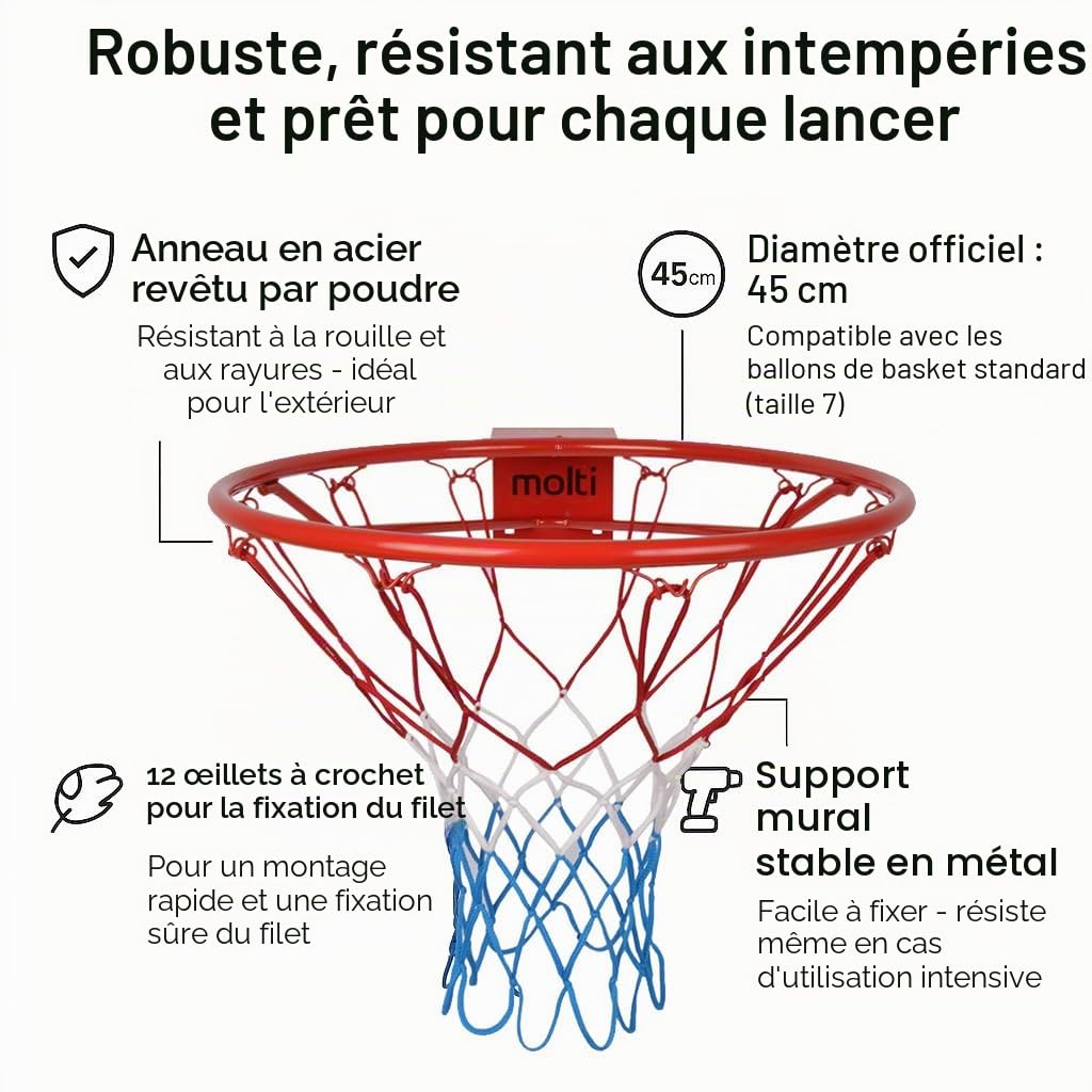 molti Panier de basket Ø 45 cm/37 cm HangRing Basketball avec filet et vis de fixation extérieur + 4 vis de fixation