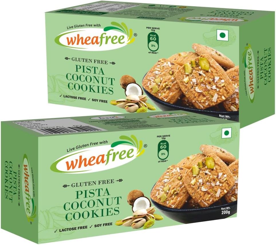 Gluten Free Pista Coconut Cookies - Pack of 2 (200g each) No Maida | Best Tea Time Snacks | 100% Vegetarian and Wholesome Ingredients