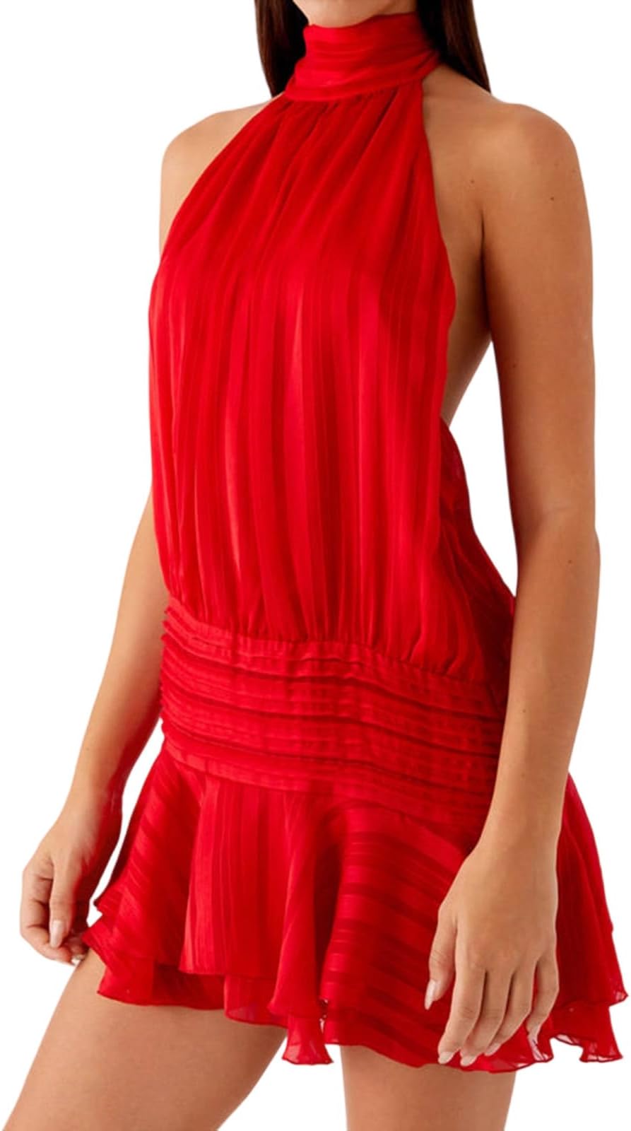 Women's Halter Mini Dress Flowy Pleated Sleeveless Open Back A-Line Ruffle Casual Wedding Date Short Sundress