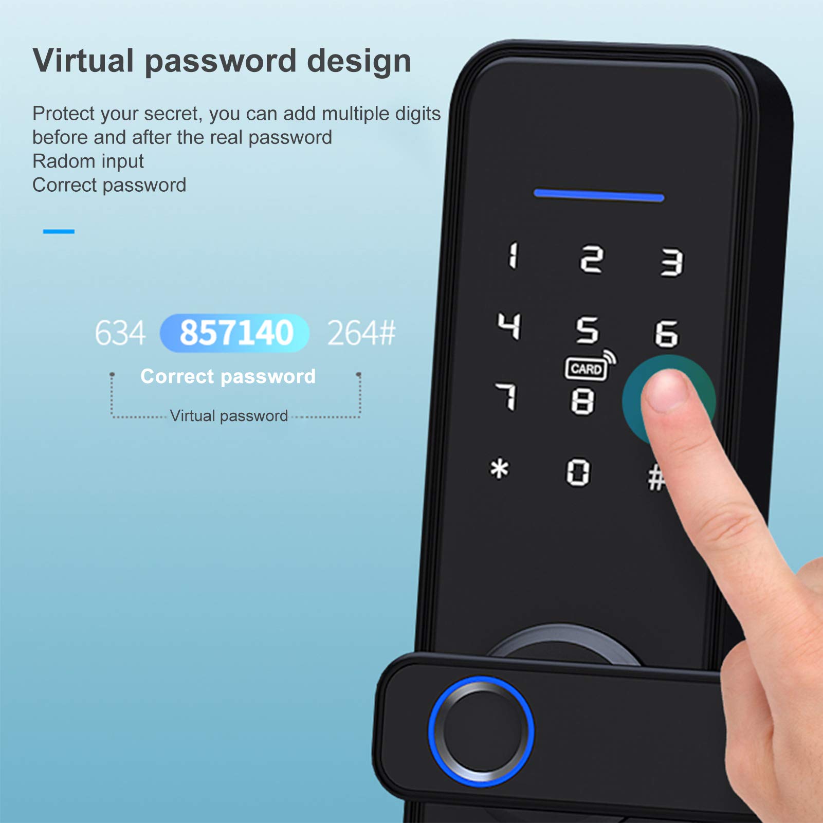 Cerradura de puerta inteligente Tarjeta de huella digital Llaves de contraseña Desbloqueo Seguridad impermeable Cerradura antirrobo Manija electrónica Wifi con panel táctil retroiluminado para Tuya