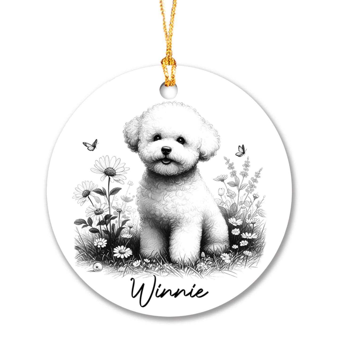 Bichon Frise Dog Pencil Drawing Ornament, Personalized Dog Ornament with Flower, Gifts for Men Women Coworker, Custom Bichon Frise Dog Christmas Ornament with Name, Pet Ornament for Xmas Tree