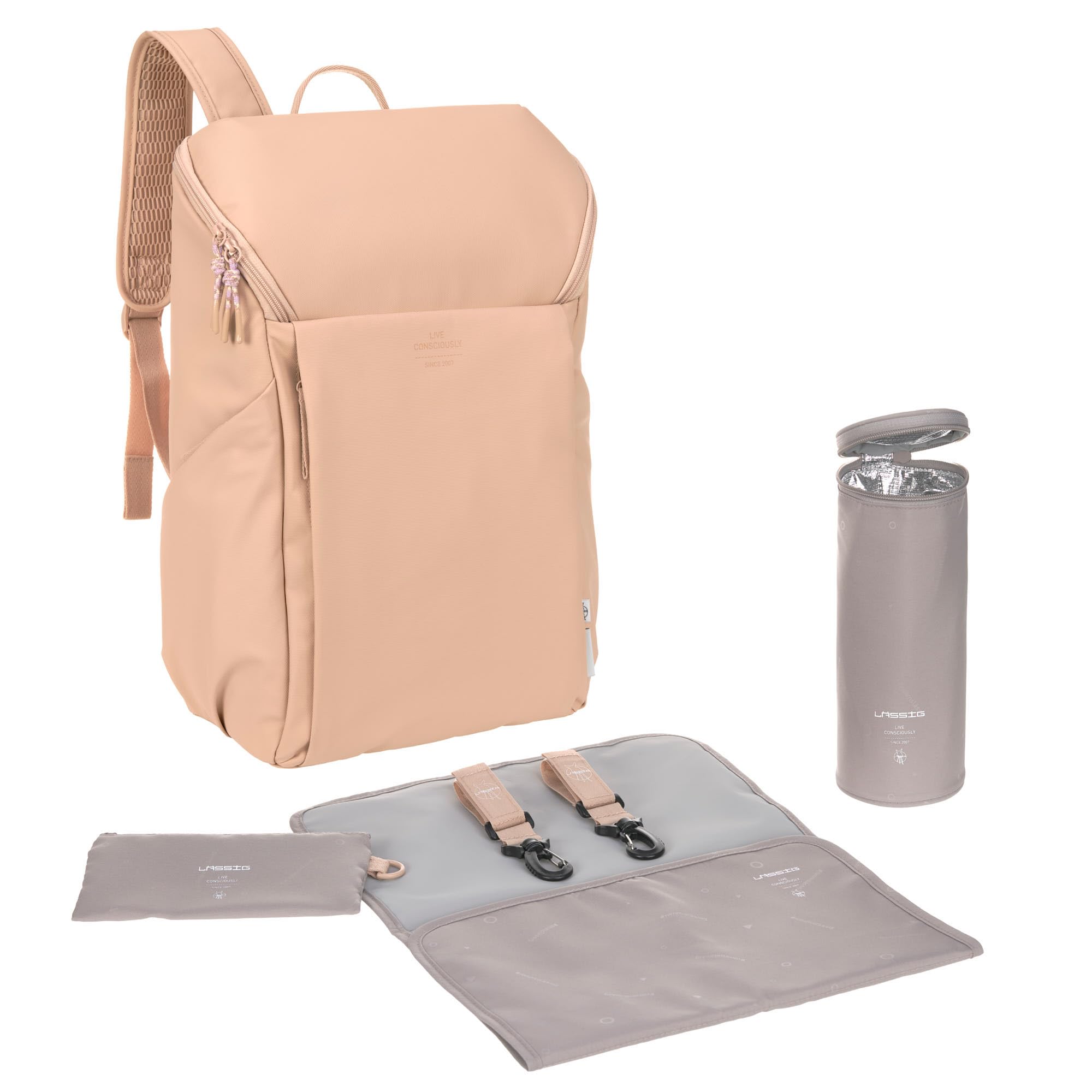 LÄSSIG Baby Changing Backpack with Changing Mat, Pram Attachment and Bottle Holder/GRE Slender Up Backpack Camel
