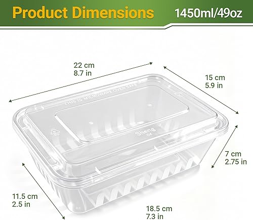 Miniatura 7 de Contenedor desechable de 49 onzas para preparación de comidas, grande para alimentos, 50 unidades de contenedores de plástico con tapas para