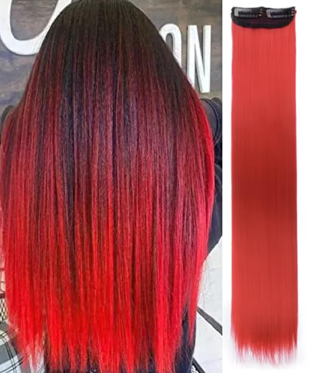 2 x Clip-In Hair Extension Highlights Streaks, Colourful Hair Highlights (2 Clips Red - 40 Grams x 1)