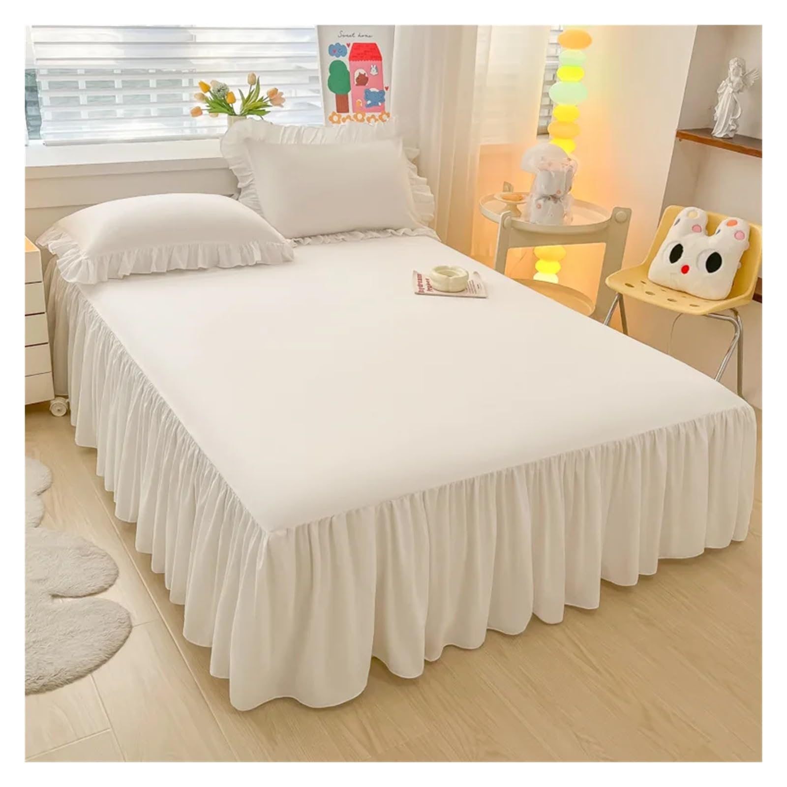 Elegant Princess BedSkirt Non-slip Mattress Cover Ruffled Lace Bedsheet Bed Cover Protector Home Bedspread Bed Skirt(WHITE,1 pc skirt 180x200cm)