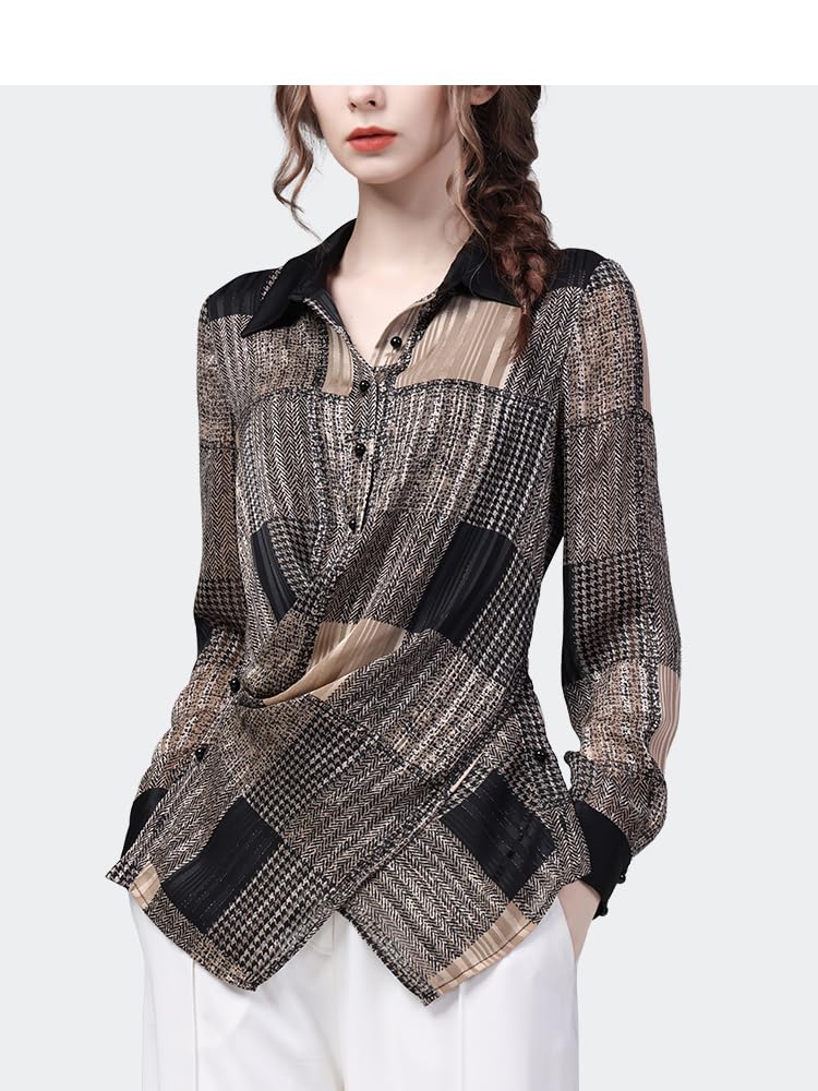 Camisa a Cuadros Informal de Manga Larga con Cuello Vuelto para Mujer, Tops de Gasa con diseño Cruzado Ajustado para Primavera y Verano (Manga Corta XS)