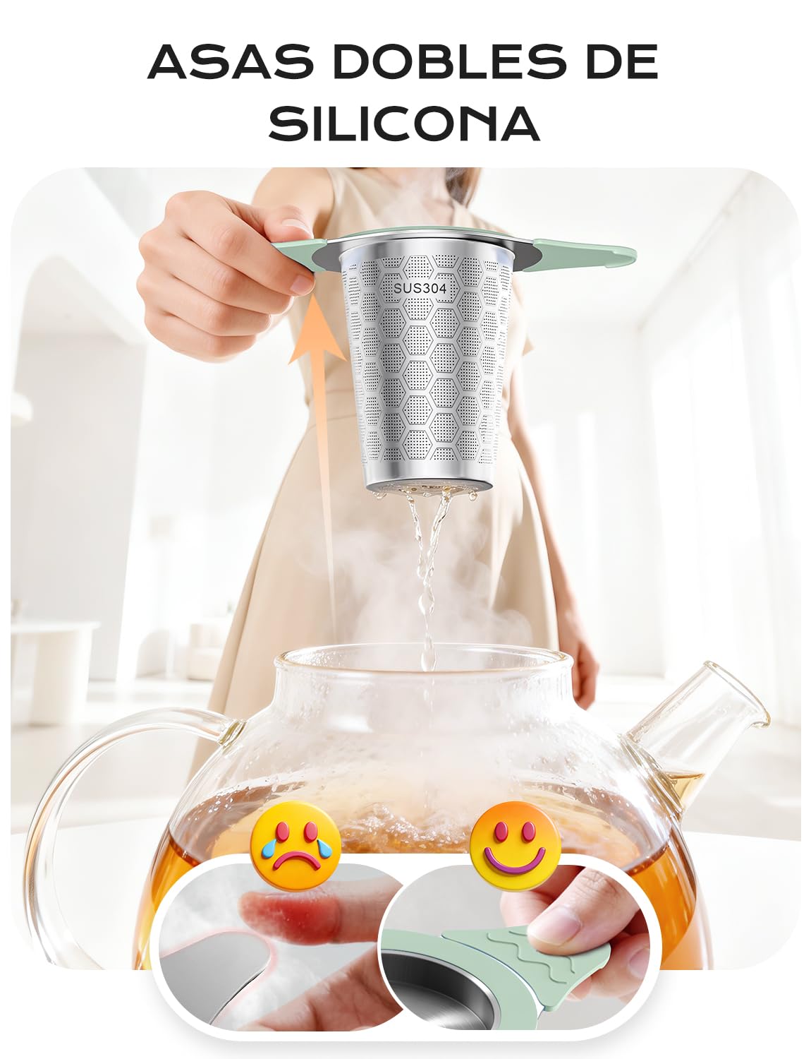 Yomanta Infusor de Te 2 Piezas - infusionador de Acero Inoxidable 304, filtro te con asa y tapa de silicona, Malla fina de 0,4 mm, colador te para tazas y teteras - verde