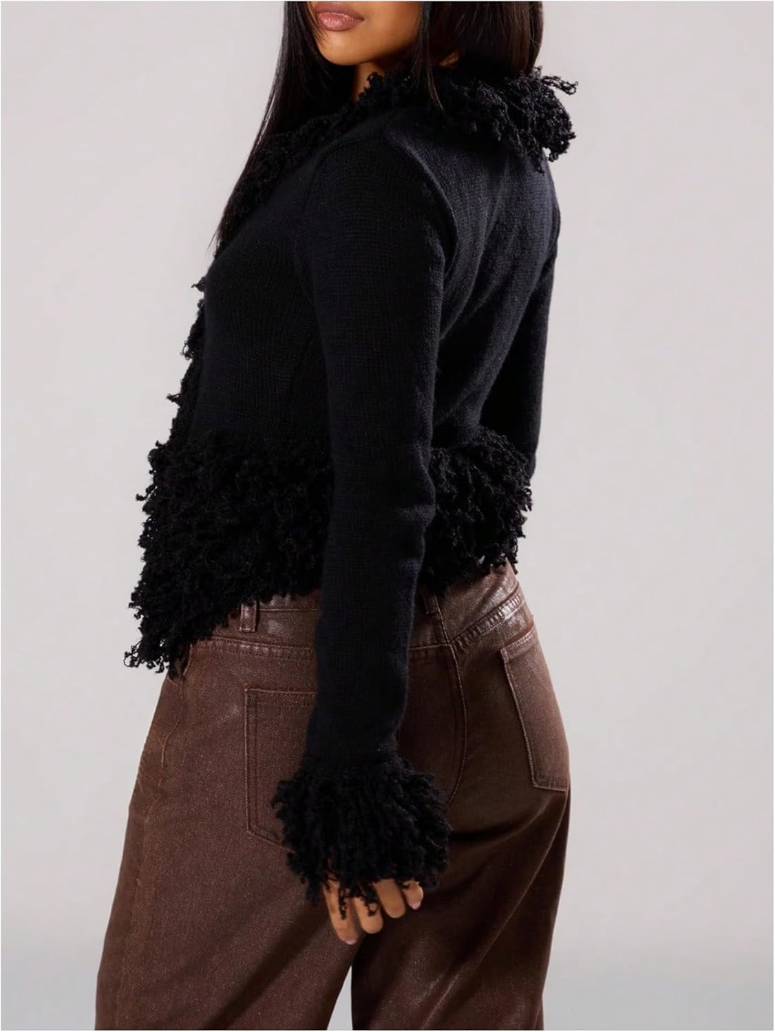 WDIRARA Women's Fuzzy Trim Cardigan Sweater Goth Punk V Neck Long Sleeve Knit Outerwear - Image 3