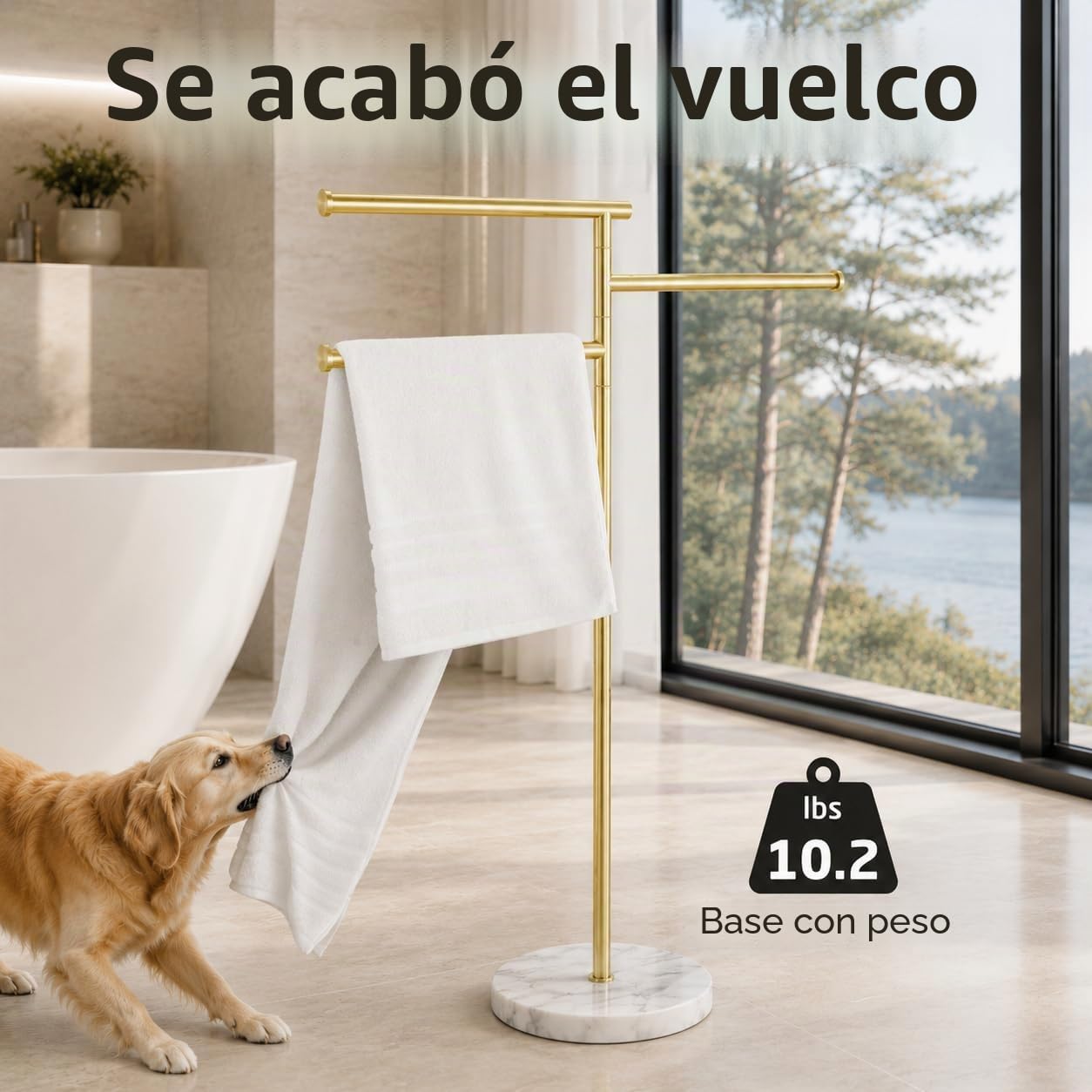 KES Toallero de Oro Cepillado Toallero de Pie Toallero Barra de Acero Inoxidable Baño Toallero de Baño Acero Inoxidable 18/8 Toallero Base de Mármol, BTH219-BZ | Base de piedra natural de 10 libras, 3 brazos giratorios, acero inoxidable SUS304, antidesliz