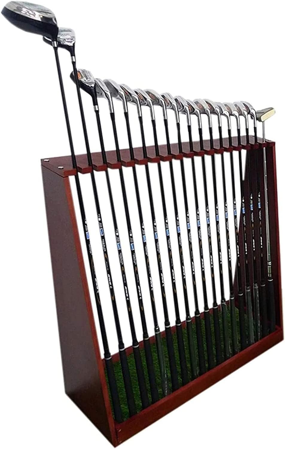 Wood 18 Hole Golf Club Stoarge Organizer Holder for Inside Outside Golf Course, Heavy Duty Upright Thick Golf Club Display Stand Racks with Green Lawn Mats