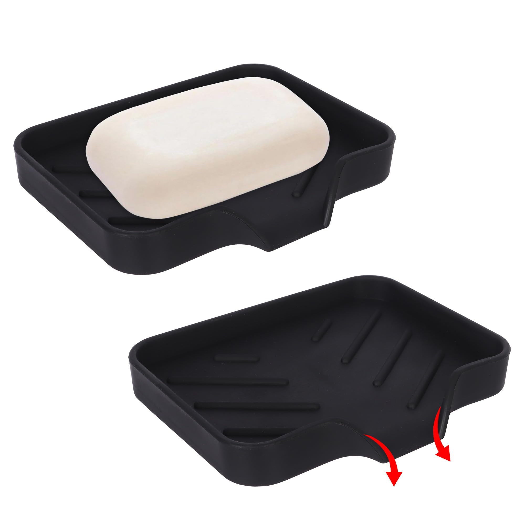 Nicola 2pcs Silicone Soap Dishes, Black Draining Soap Dish, Anti-Slip Silicone Soap Dish Holder, Small Soap Dish Tray with Drainage for Sink, Kitchen, Bathroom Counter Top (Black)