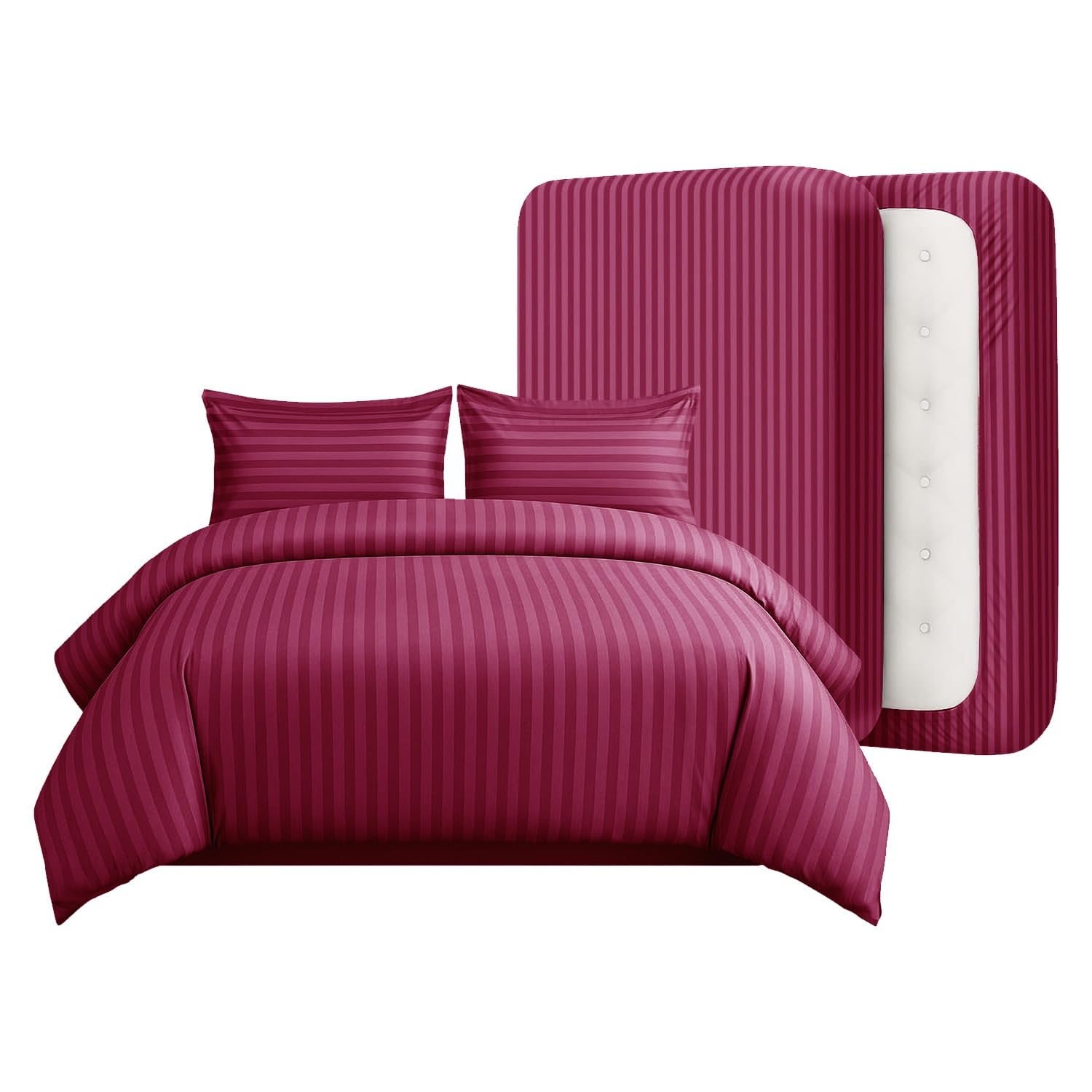 Casabella Duvet Cover Sets - 4 Pc Luxury Super King Duvet Set Brushed Microfiber Duvet Full Set - Duvet Cover, Fitted Sheet & Pillowcase 2 Pack - Soft & Durable Super King Duvet Set - Stripe Burgundy — image 1