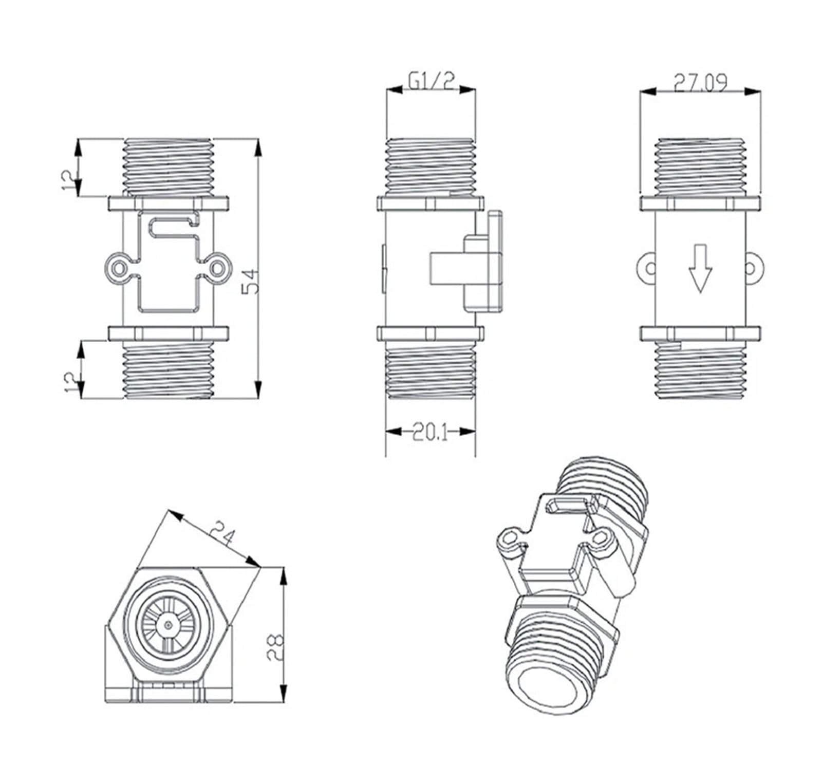 Sensore di Flusso d'Acqua Misuratore ad Effetto Hall Liquido in Nylon(YF-S201C DN15)