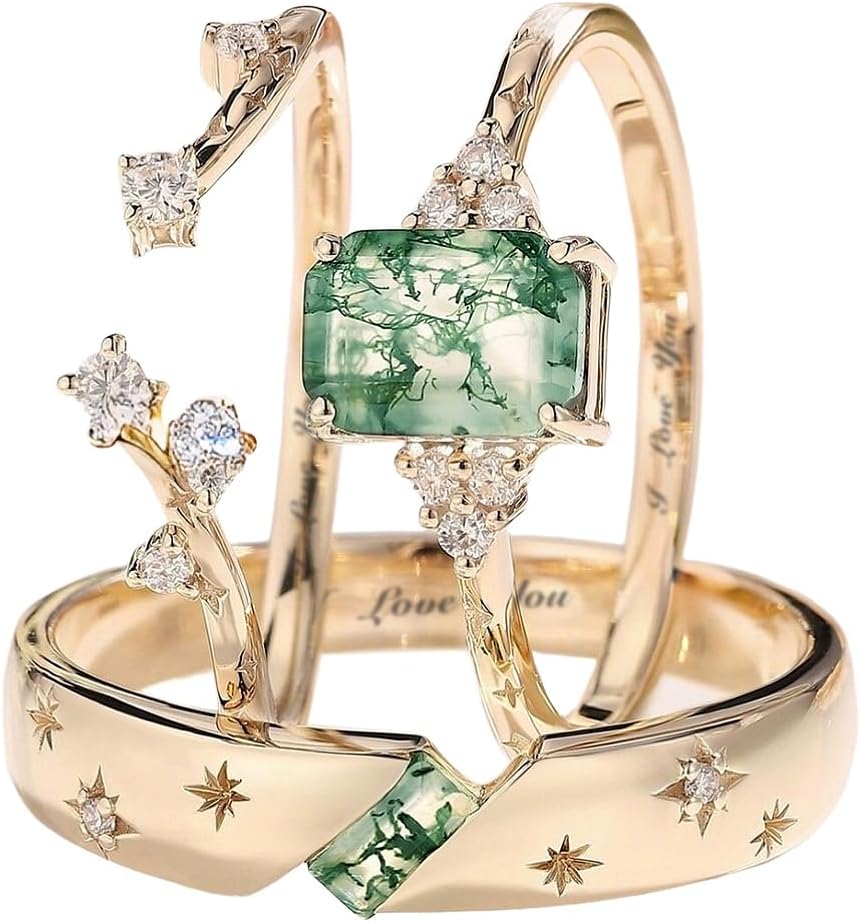 SISGEM Natural Moss Agate Promise Rings for Couples, 925 Sterling Silver/10K 14K 18K Solid Gold Moss Agate Wedding Rings for Him And Her, Vintage Leaf Matching Couple Rings Anniversary Jewelry Gift