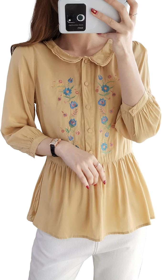 Amazon Mushtree ブラウス トップス レディースシャツ 胸元刺しゅう7分袖 花柄刺繍 シャツ 白 ベージュ ピンク オレンジ 春夏 オレンジ シャツ ブラウス 通販