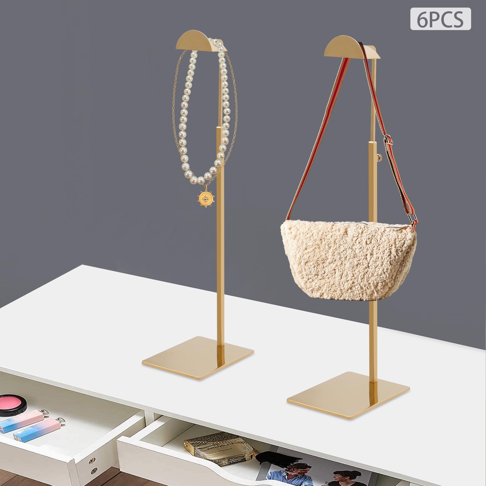 6 supporti per borsa con altezza regolabile, in metallo, grande supporto a testa a D, regolabile in altezza, 40-66 cm, portata 5 kg per pezzo (oro)