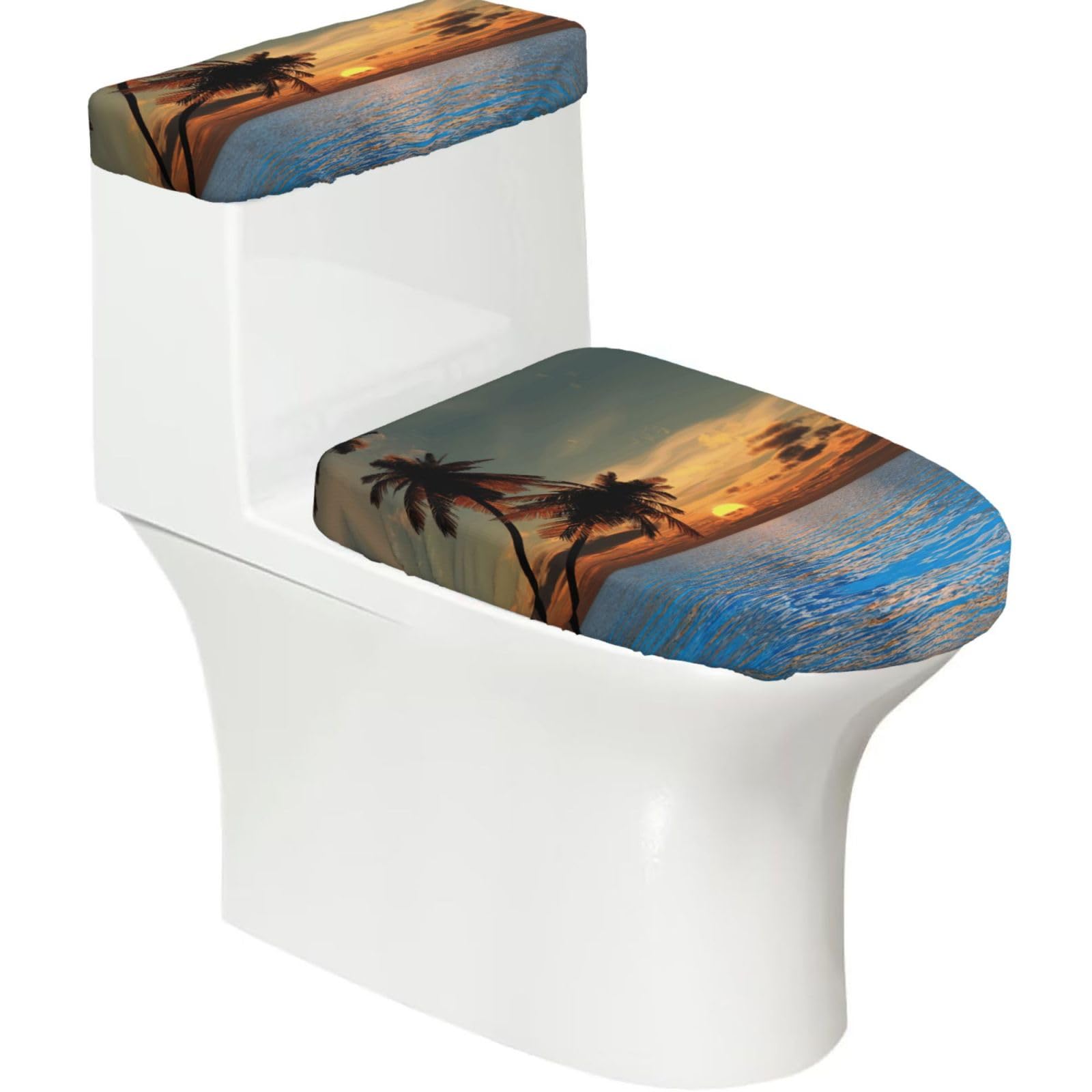 Flghjnbjn Black Sunset Palm Tree Ocean Printed Toilet Tank And Lid Cover Set Of 2 For Most Bathrooms, Fits Elongated Round Toilets