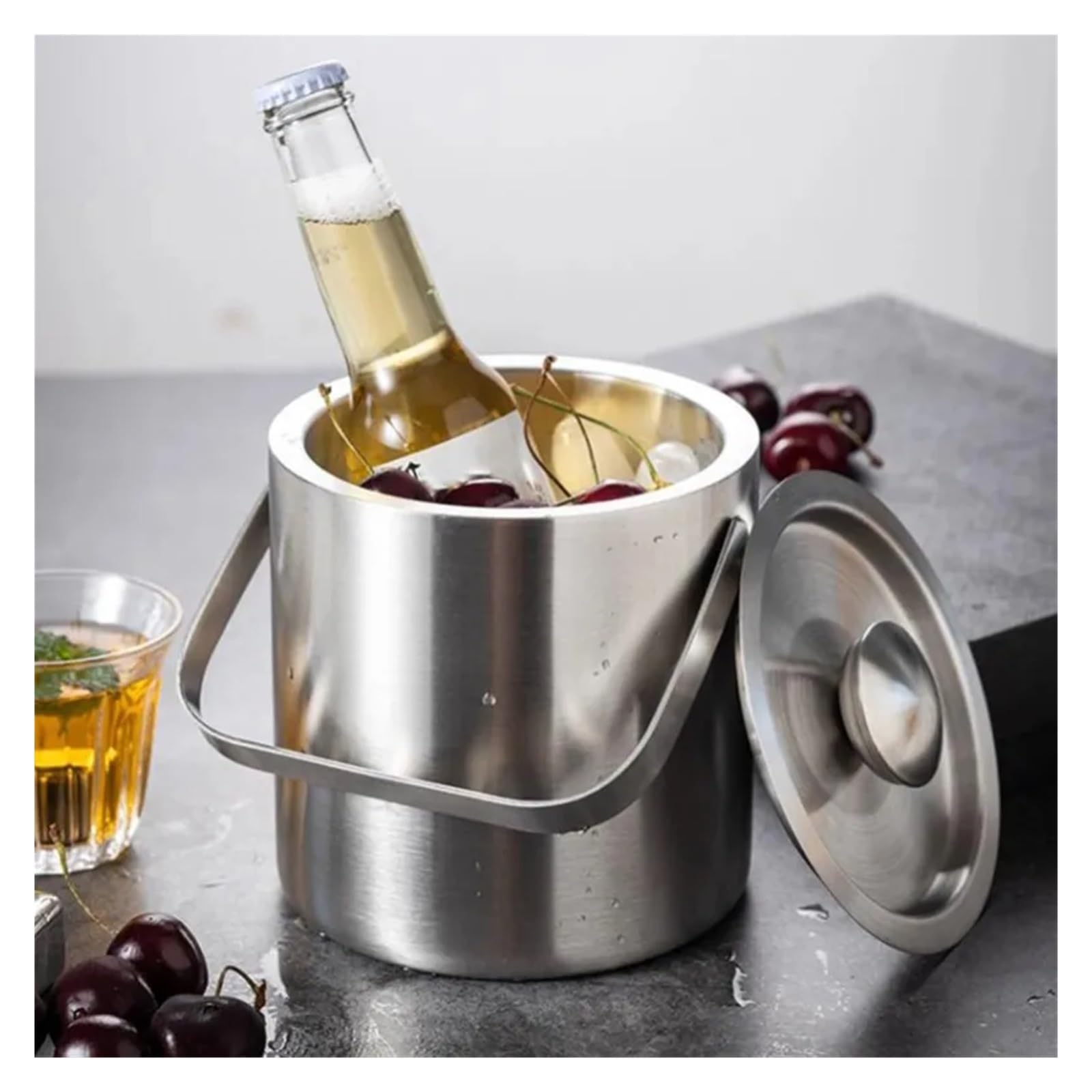 Cubo de Hielo de Acero Inoxidable de 1300 ml, Cubo de Hielo de Doble Pared con Tapa, Cubo de Hielo Aislado con asa, for Enfriar champán, Cerveza y Vino. para Bar, Cumpleaños, Fiestas