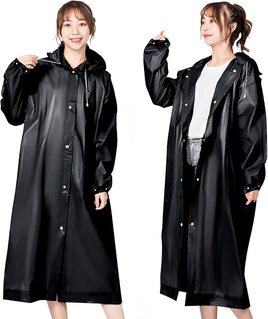 2 Pack Black Raincoat Portable Ponchos, Viaky Waterproof EVA Reusable Rainwear for Men and Women, Durable Rain Coats Long Sleeve Rain Poncho for Outdoor Activities