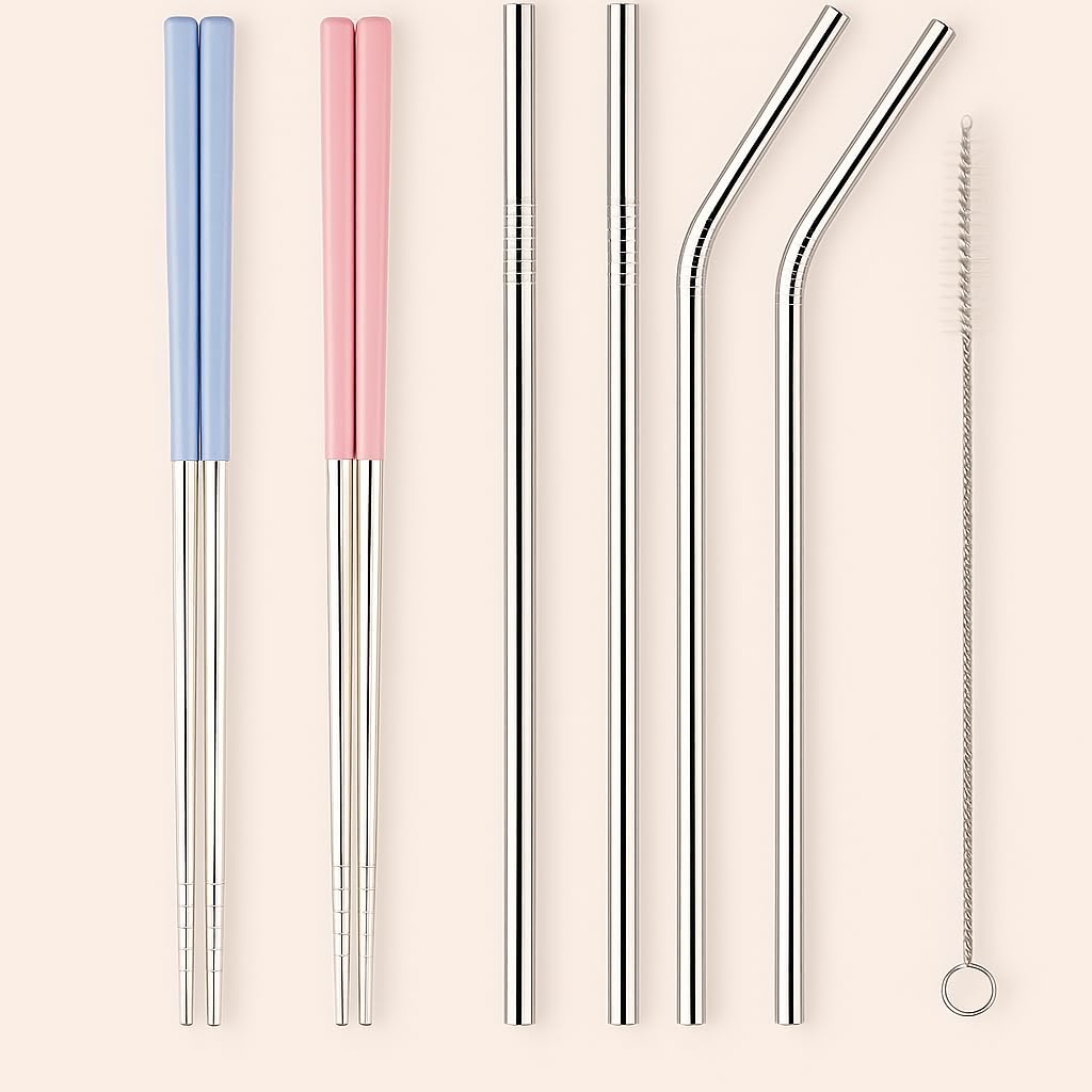 Premium Stainless Steel Gift Set – 2 Pairs Reusable Chopsticks with 5-Piece Straw Set (2 Bent, 2 Straight & 1 Brush) | Eco-Friendly, Durable & Dishwasher Safe | Perfect for Gift-picture-26