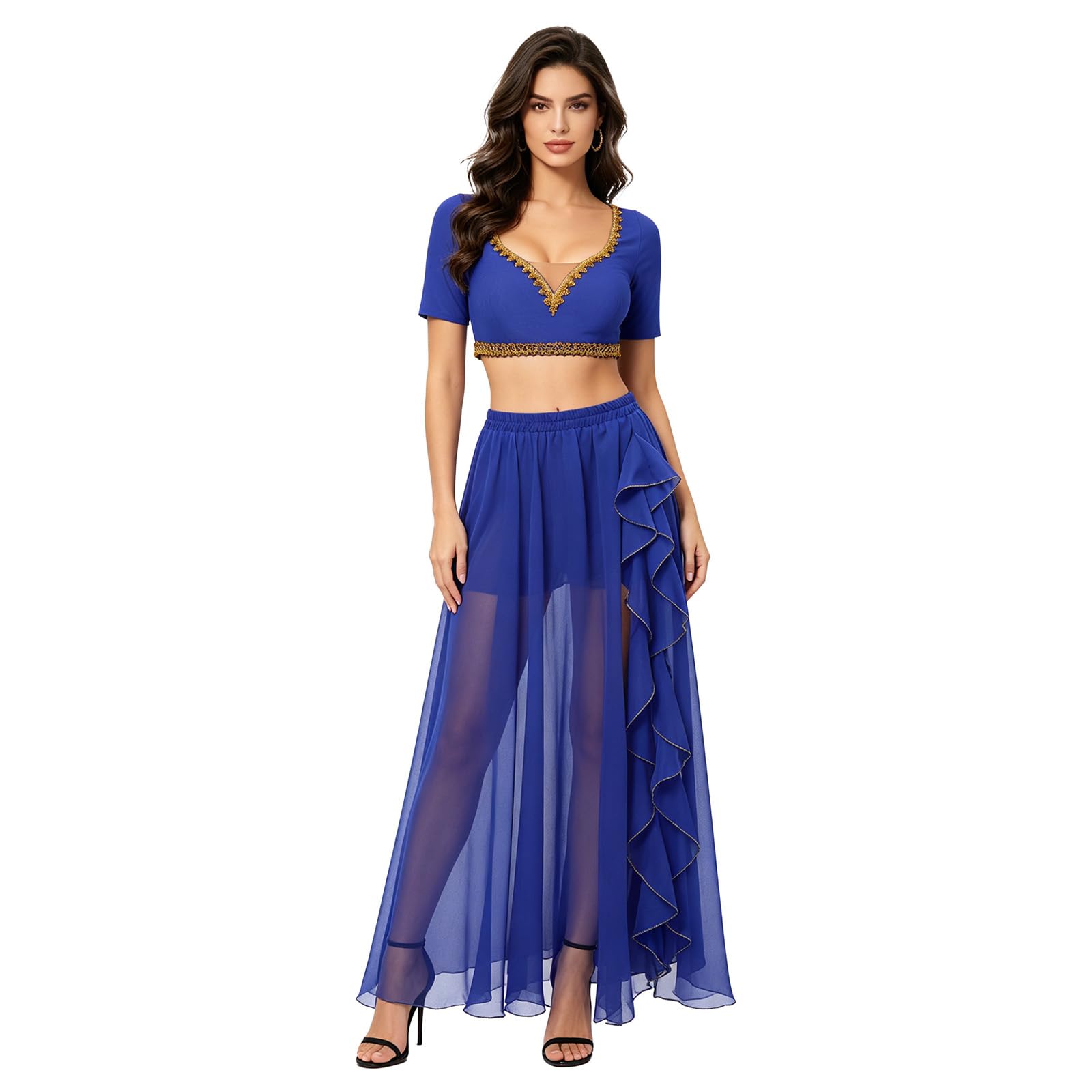 Yihuimin Women for Rave Cabaret Party Shiny Sequin Tassel 2 Pcs Set Arabian Fance Dress Up Belly Dancer Outfit Royal Blue XXL