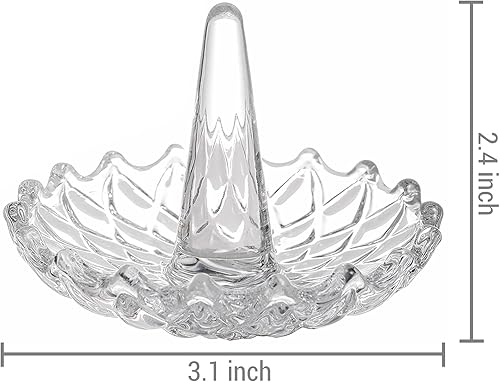 Miniatura 6 de MyGift Cono de cristal transparente con bandeja, soporte para anillo de boda de compromiso con diseño redondo de explosión de estrellas, plato