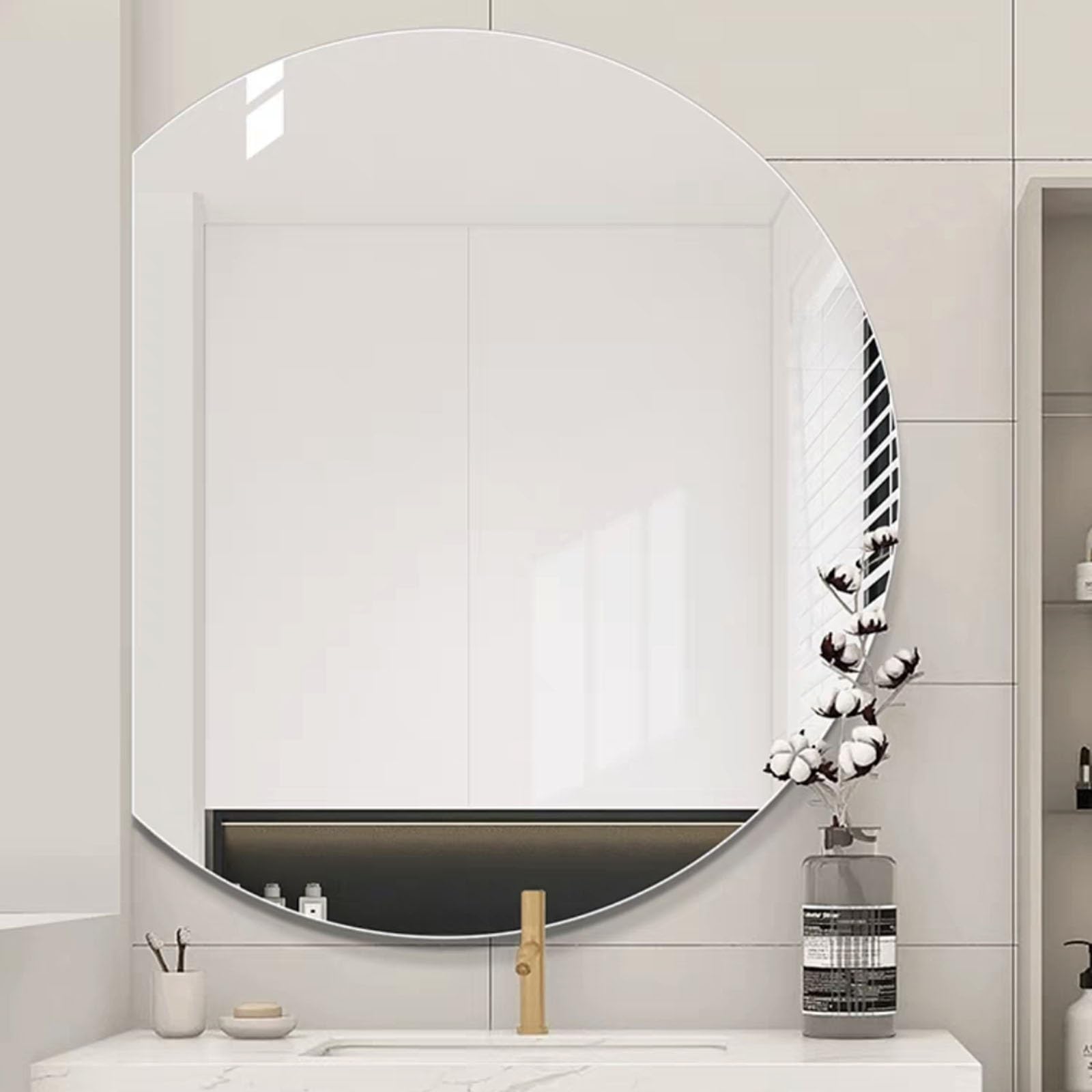 BKSXSOP Frameless Semicircle Bathroom Mirror - Decorative Makeup Mirror, Safety Explosion-Proof Glass, Available in 50cm/60cm/70cm/80cm with Left Notch Cut Design
