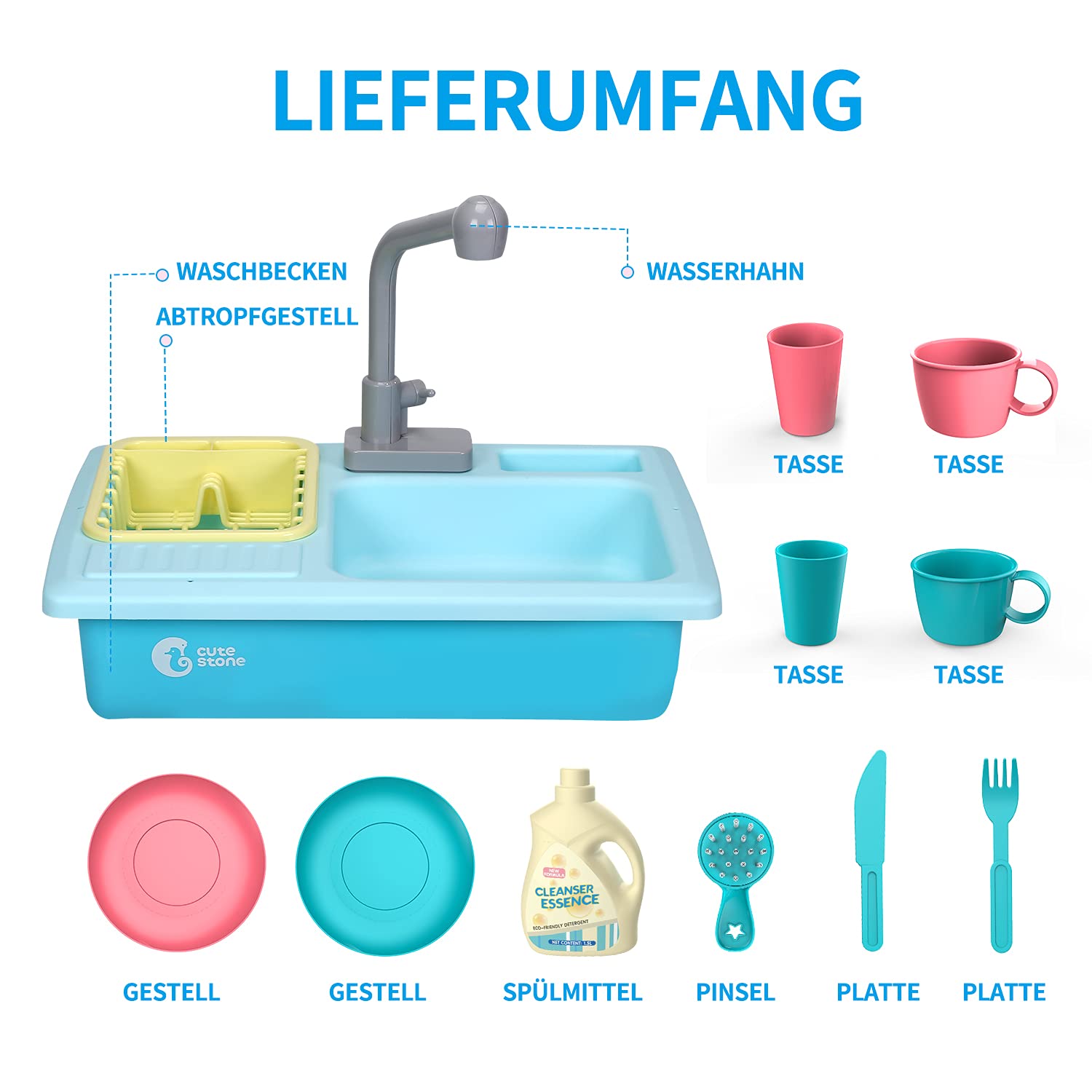 cute stone Küchenspüle Spielzeug Set mit warmbarem Wasser-Recycling Wasserhahn und Waschbecken, Wärme Farbwechsel Geschirr Set, mit Obst-Schneiden für Kinder ab 3 Jahre (Blau)