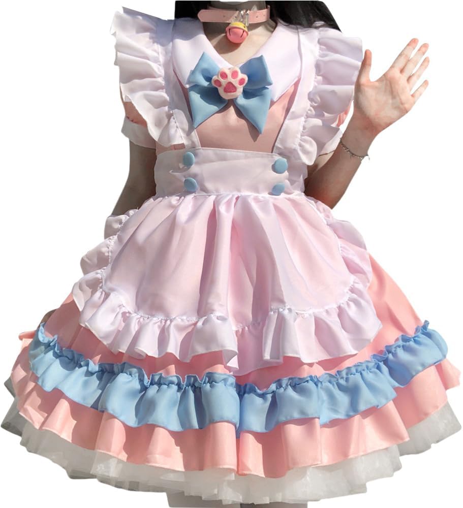 6pcs Pink Blue Maid Outfit Lolita Dress Set Anime Cosplay Costume Fancy Dress Costume for Women