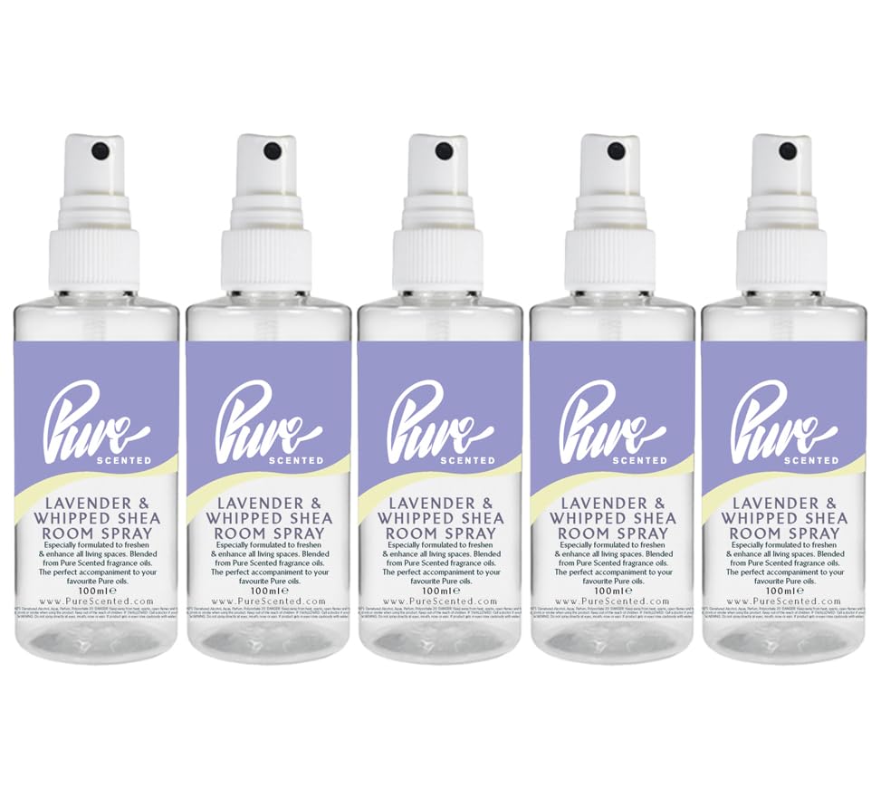 Pure Scented 500ml Room & Fabric Sprays 5 x 100ml Suitable For Home, Car, Caravan, Work, Gym Bags, Odour Eliminators (5 x 100ml, Lavender & Whipped Shea)