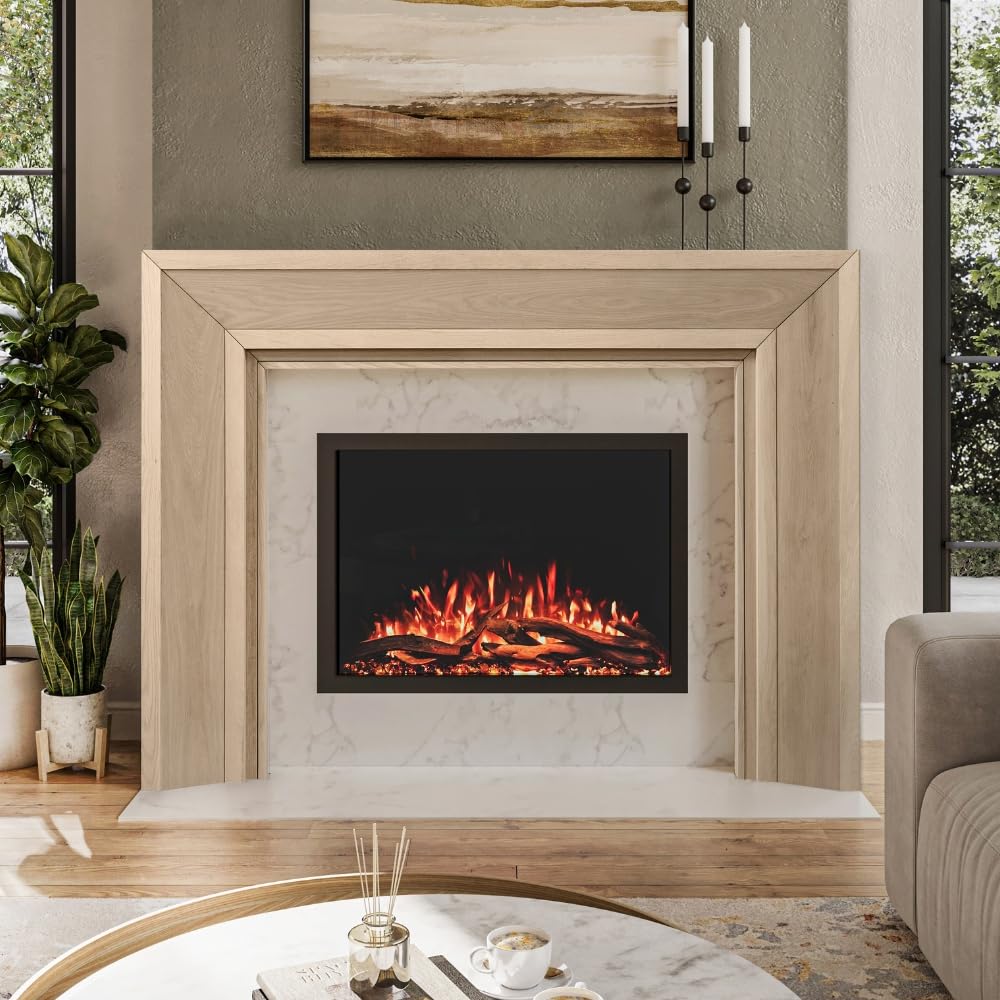 Modern Ember Everly Wood Fireplace Mantel Surround Kit in Unfinished | 48" x 42" Opening | 72" x 54" Overall | Modern Picture Frame Design | Includes White Oak Wooden Mantel Surround &amp; Shelf