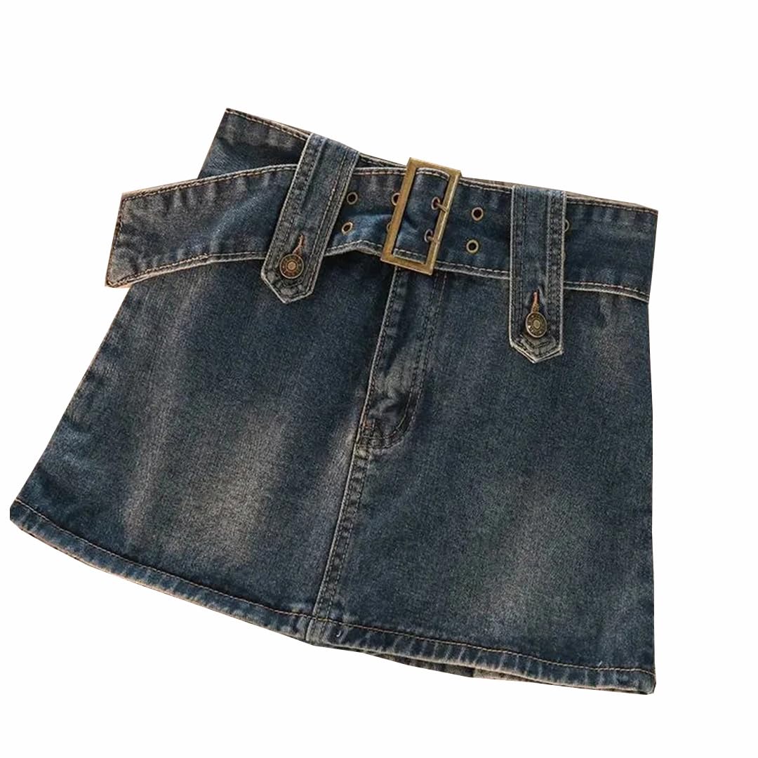 Minigonne in denim vintage da donna tinta unita con cintura gonne casual a trapezio