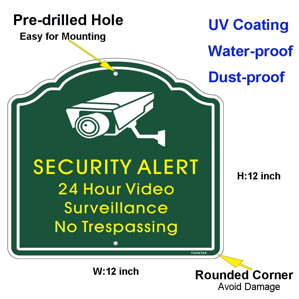 2 letreros reflectantes de vigilancia de video de 24 horas, señal de alerta de seguridad, 12 x 12 pulgadas, aleación de aluminio, CCTV, señal de cámara de seguridad, impresión UV