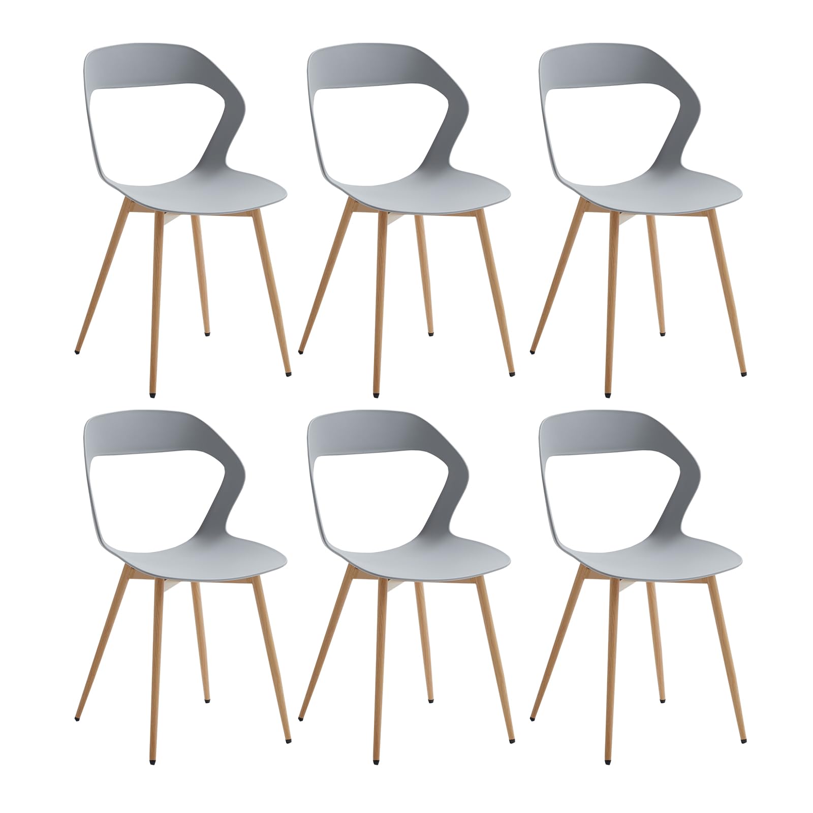 Juego de 6 Sillas de Comedor Nórdicas, Sillas de Cocina, Piernas de Silla Metálica, Diseño de Respaldo Hueco Grande, Adecuado para Salas de Estar, Salas de Ocio - Gris + Madera