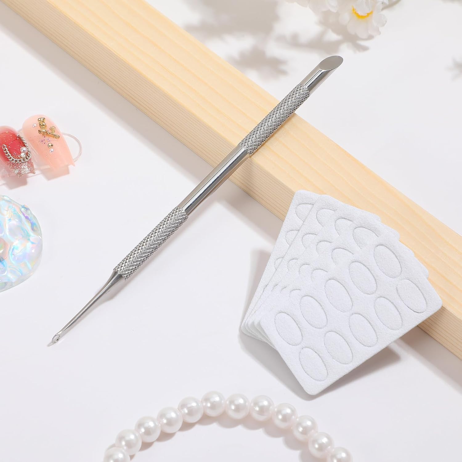 Luxshiny 6pcs Double-ended Metal Cuticle Pusher Tool with Silver Bevel Edge and White Sandpaper Sheets, Comfortable Grip Nail Care Tool for Manicure and DIY Nail Art Sessions