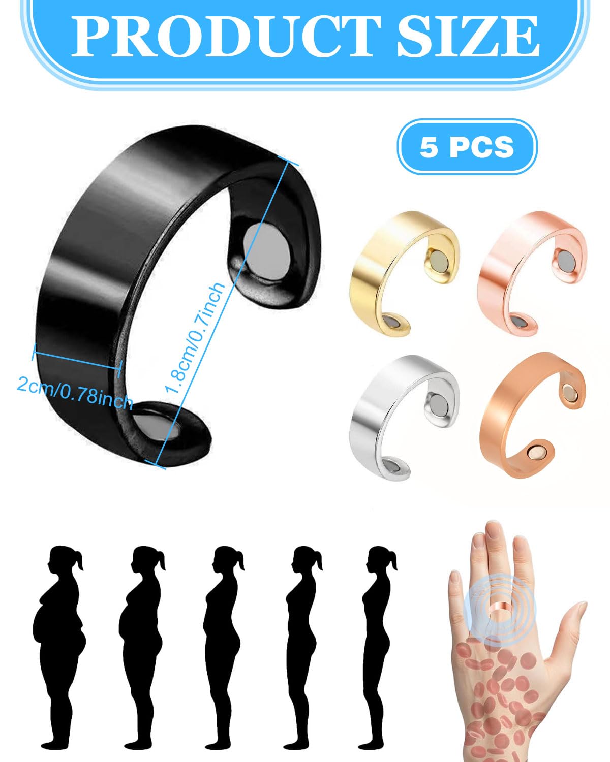 5pcs Anillos De Terapia Magnética,Anillo Magnético Drenaje Linfático,Anillo Abierto para Hombre y Mujer, Juego de Anillos, Con bolsa de almacenamiento
