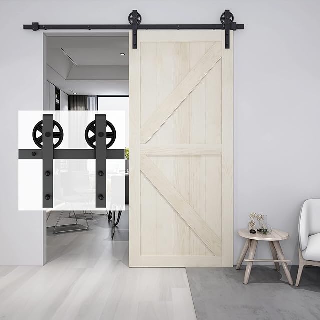 BARNSMITH 6FT 180cm Sliding Door Kit Heavy Duty Steel Sliding Door Track for Single Wooden Barn Wardrobe Interior Door, Big Spoke Wheel Roller Hanger