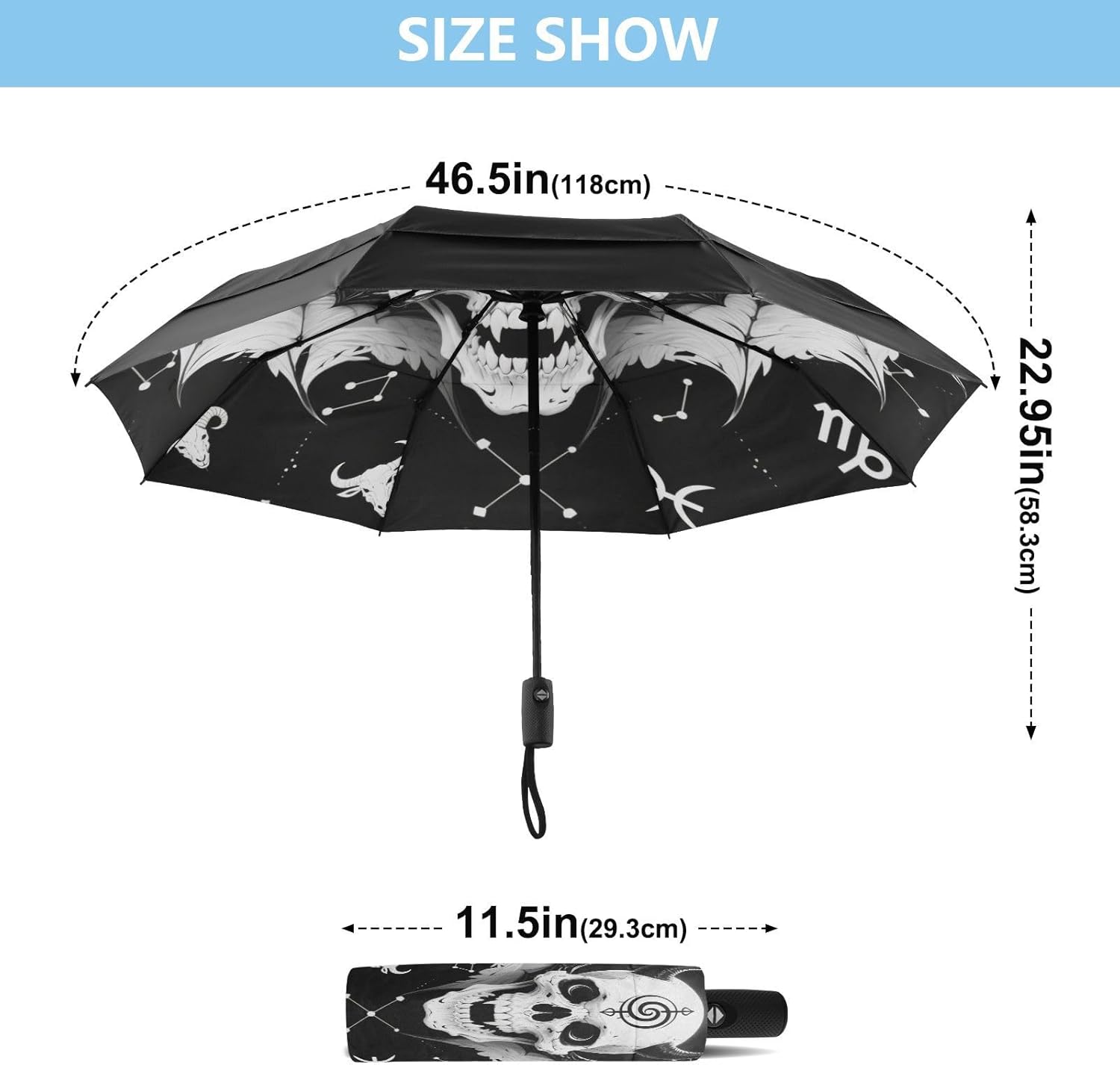 Trendy Black and White Skull Constellation Wind Proof Umbrella Folding Umbrellas for College Fits Car