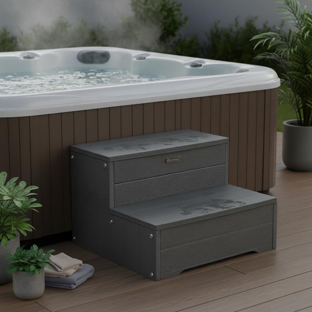 18'' Hot Tub Steps, HDPS Hot Tub Stairs, Waterproof Non Slip Outdoor Spa Steps, Multi-Use Porch Step, Wood Looking, Gray, Weight Capacity 600LBS