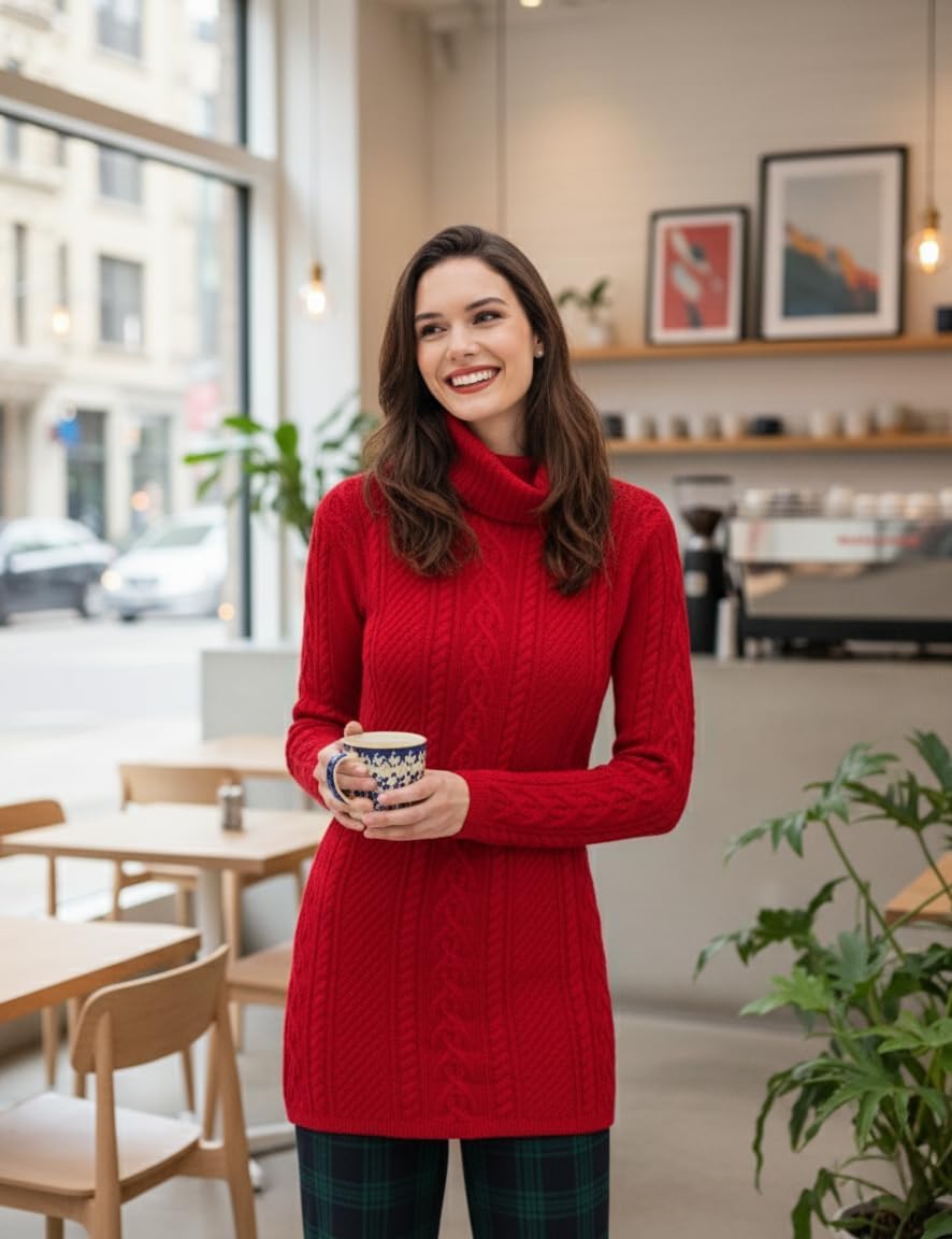 v28 Women Polo Neck Long Slim Fitted Dress Bodycon Turtleneck Cable Knit Sweater - Image 4